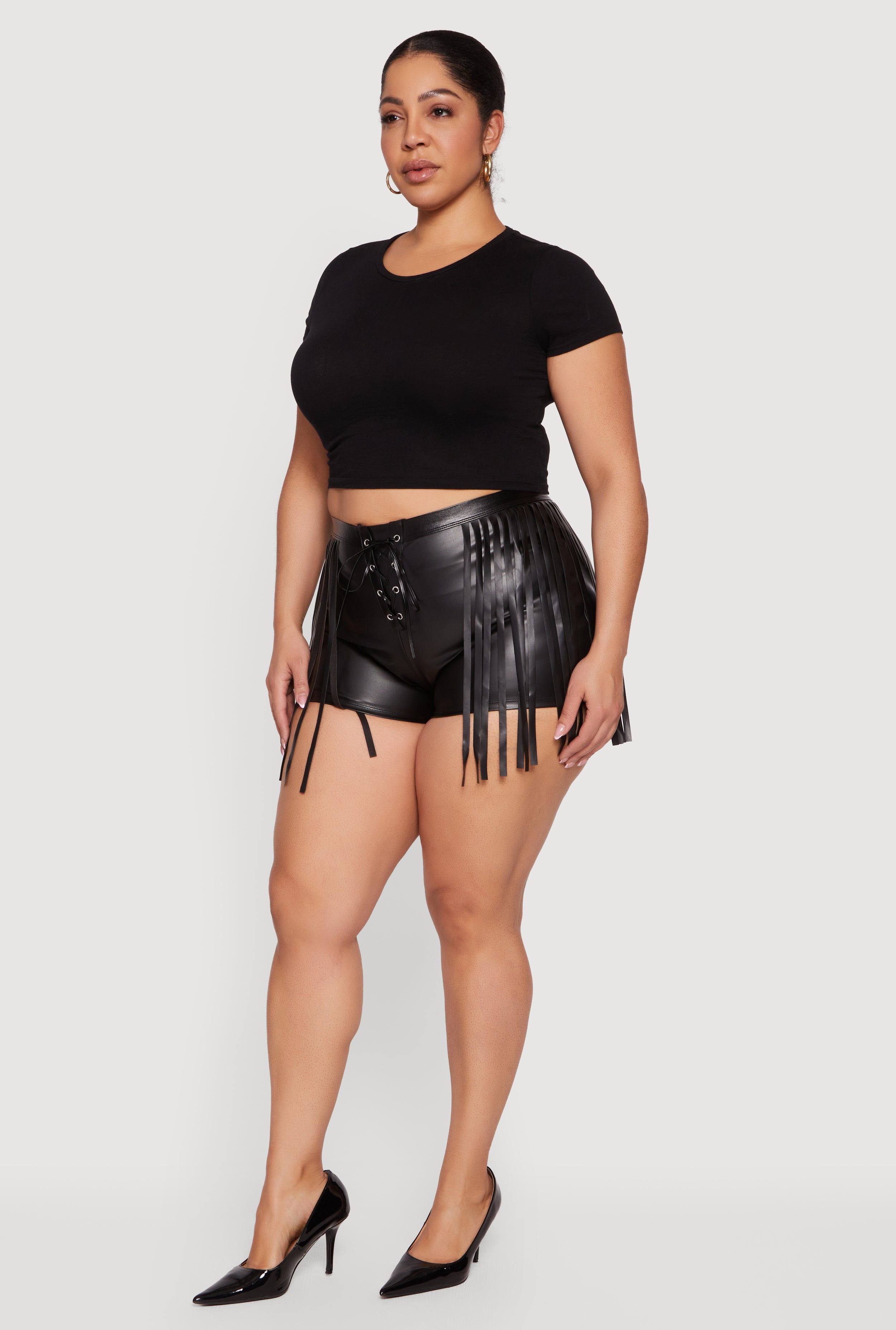 Plus Size Faux Leather Lace Up Front Fringe Side Shorts