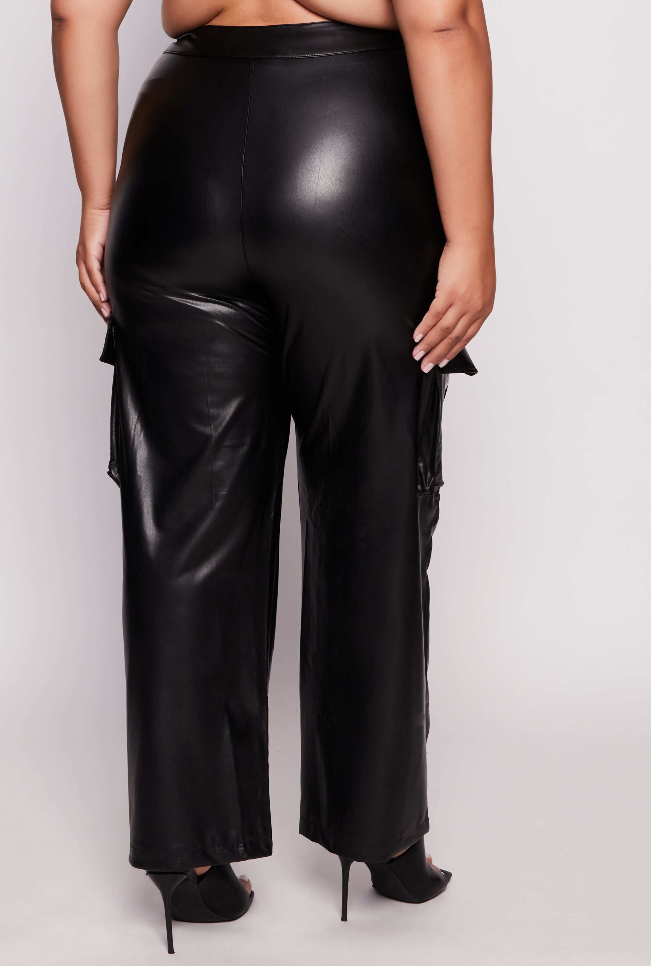 Plus Size Faux Leather Wide Leg Cargo Pants