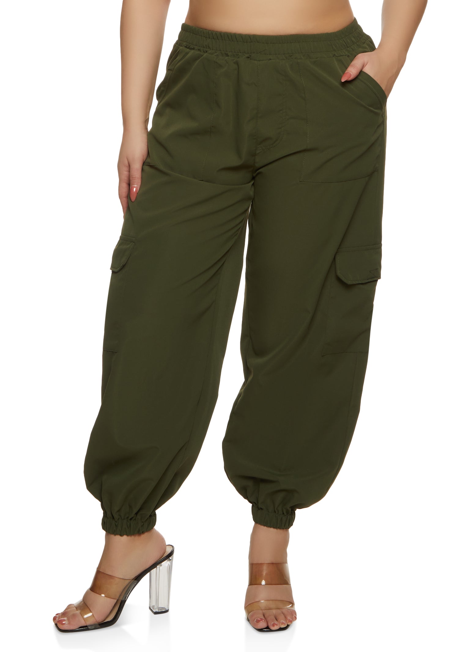 Plus Size High Waisted Cargo Pants - Olive
