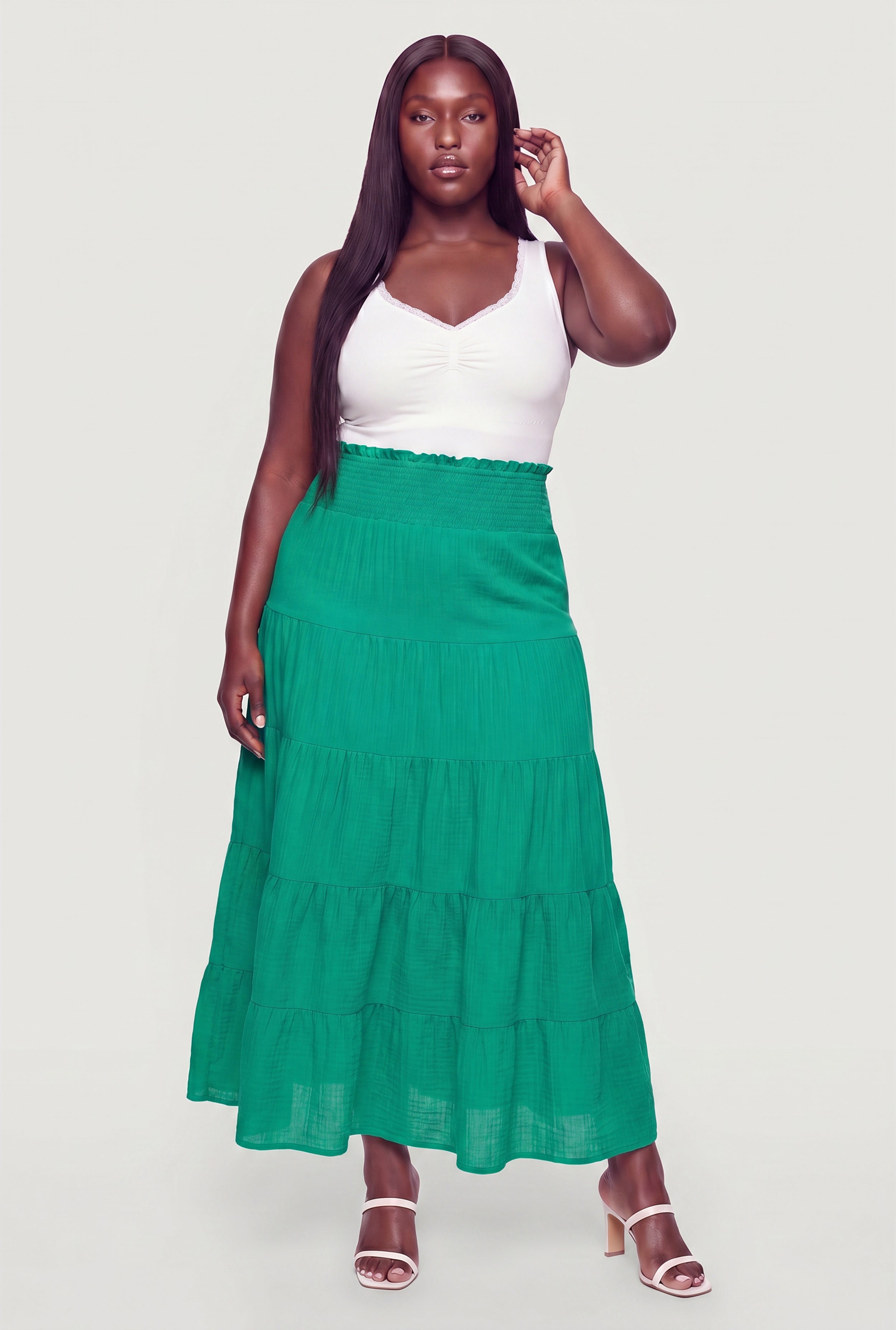 Plus Size Smocked High Waisted Tiered Maxi Skirt
