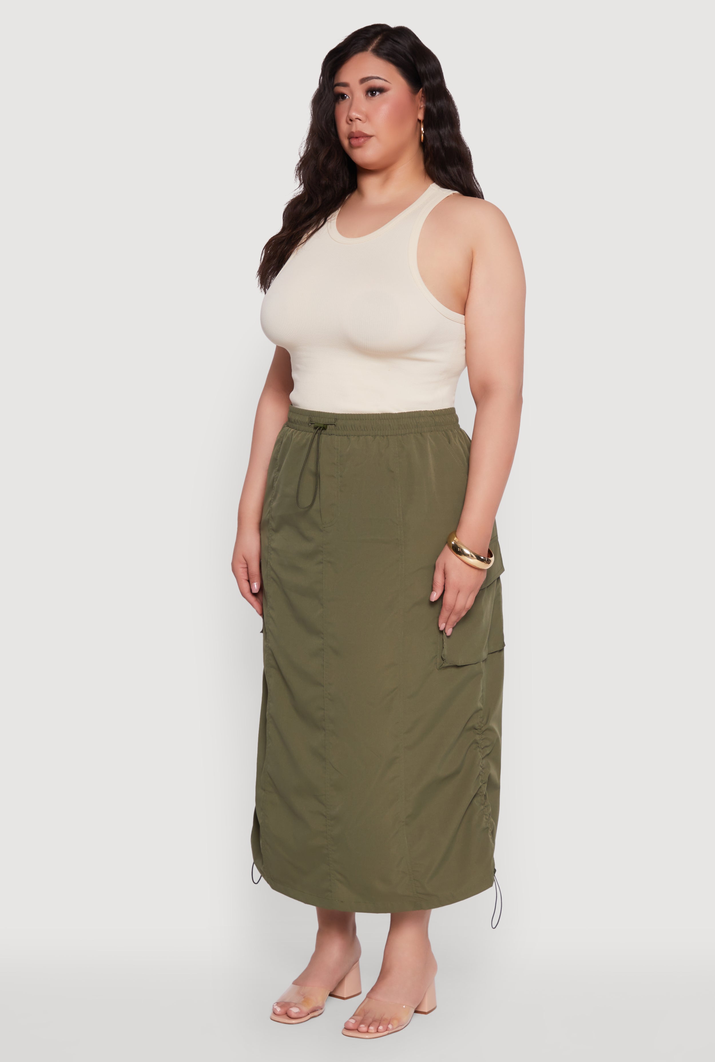 Plus Size Poplin Toggle Drawstring Waist Cargo Skirt