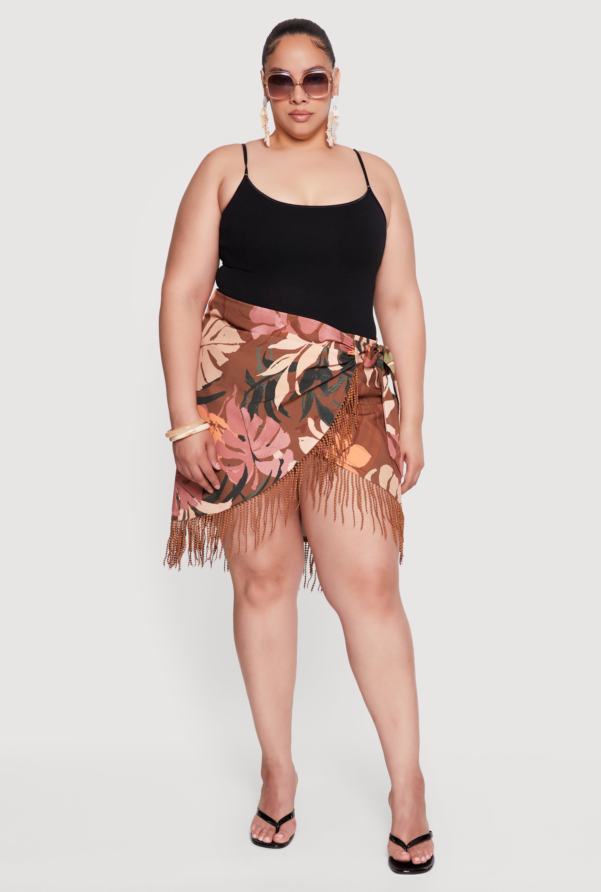 Plus Size Floral Fringe Side Tie Wrap Skirt