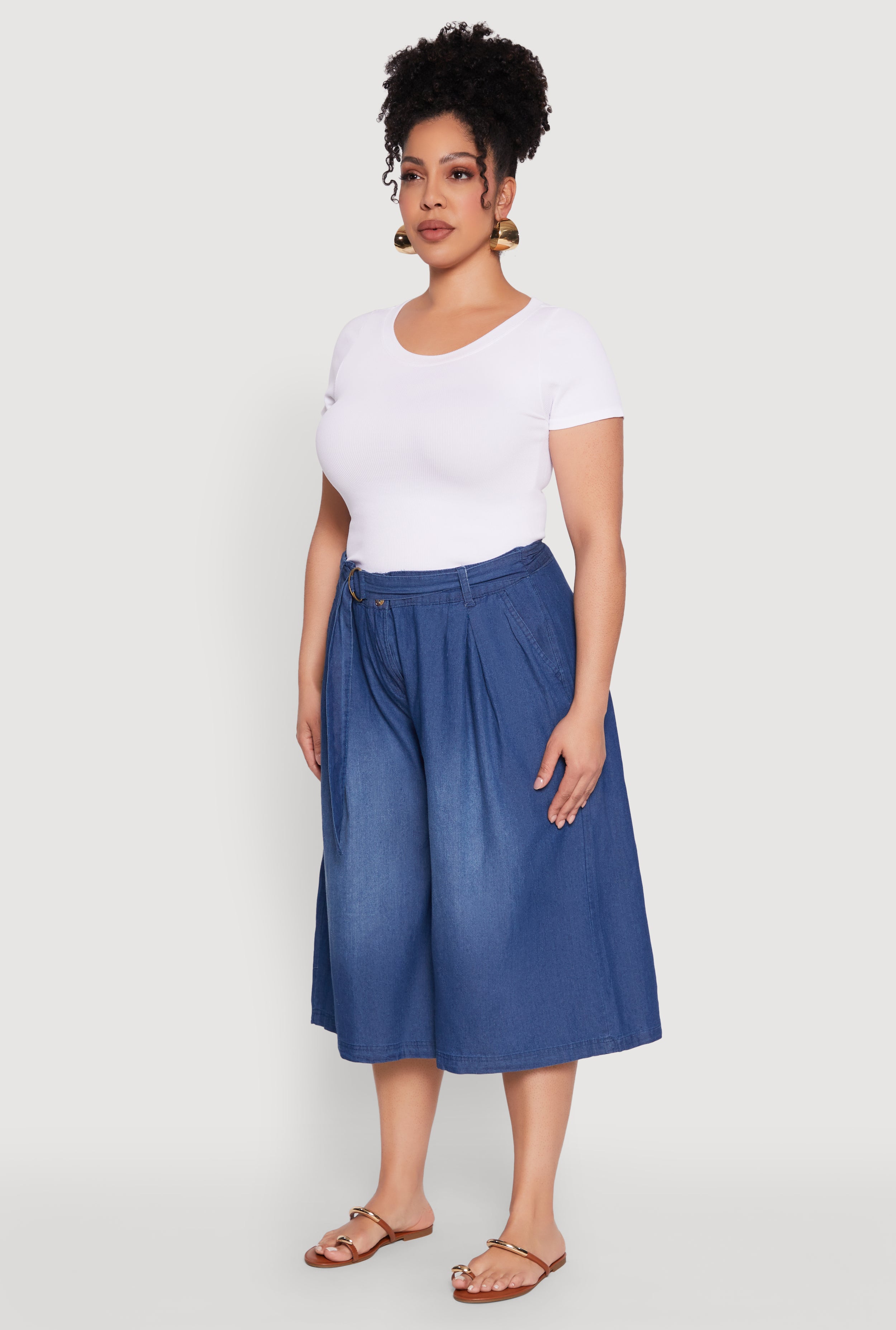 全品送料0円 Plus Size Belted Front Chambray Culottes パンツ