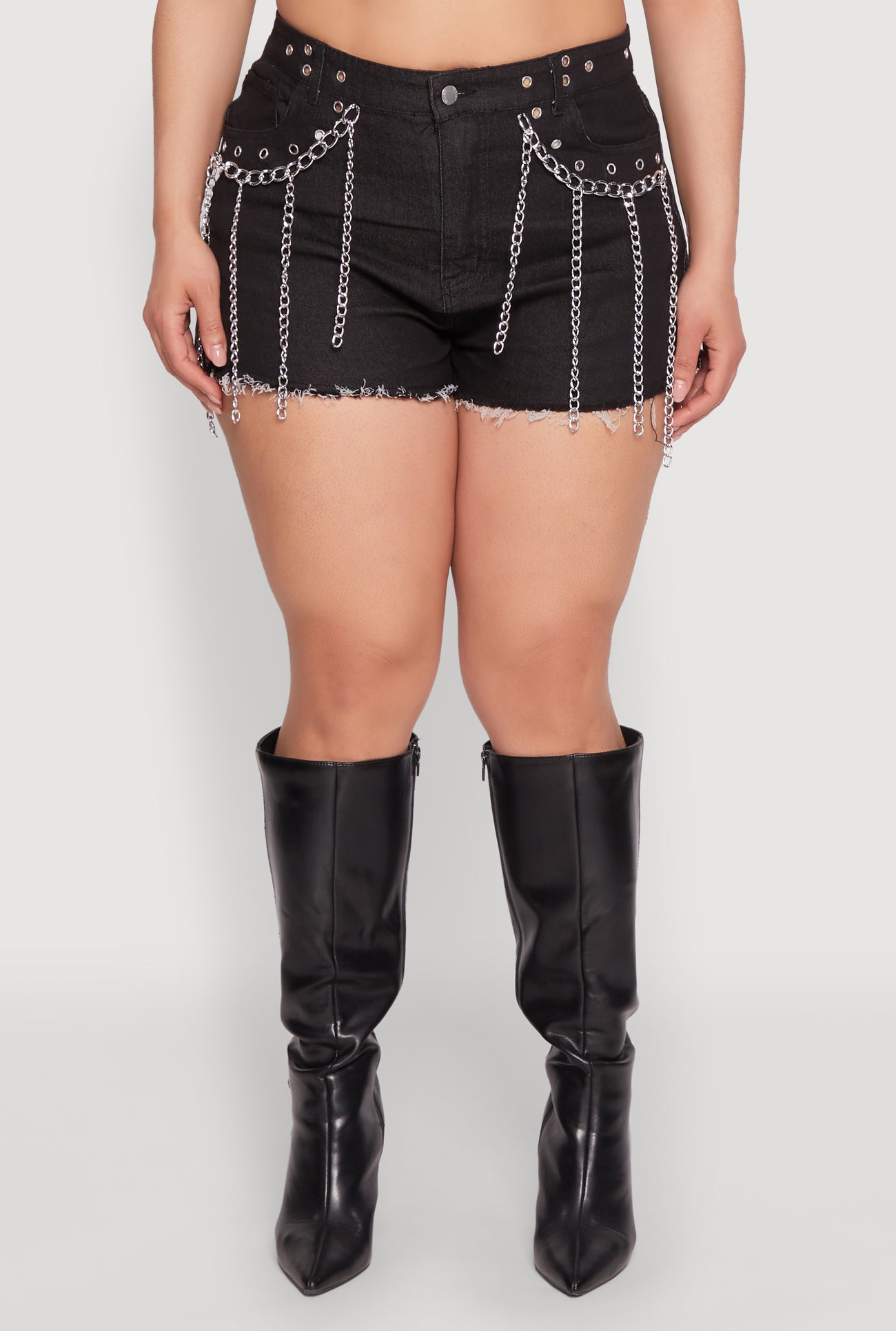 Plus Size Daisy Grommet Chain Fringe Denim Shorts