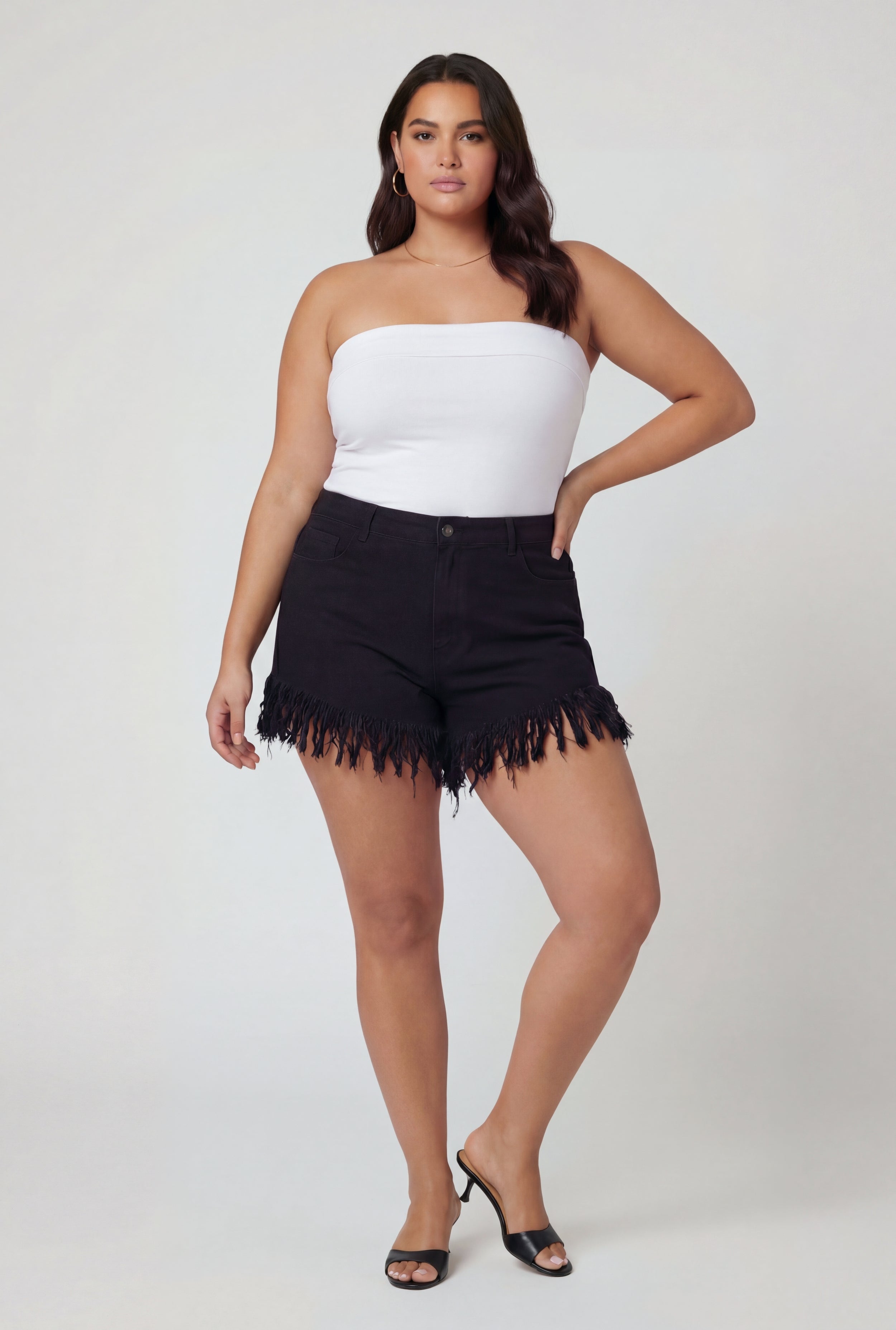 Plus Size Fringe Hem High Waisted Shorts