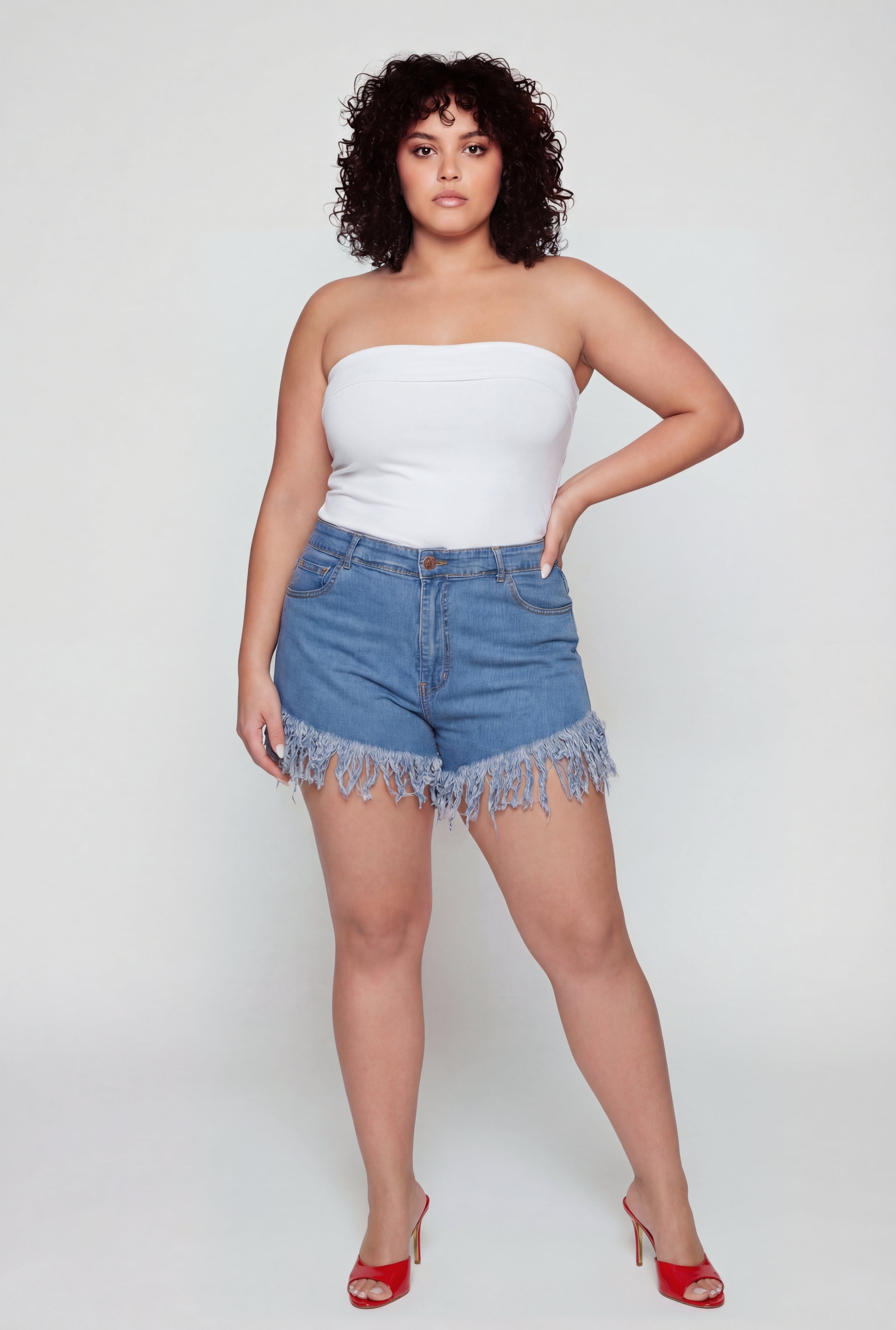 Plus Size Fringe Hem High Waisted Shorts