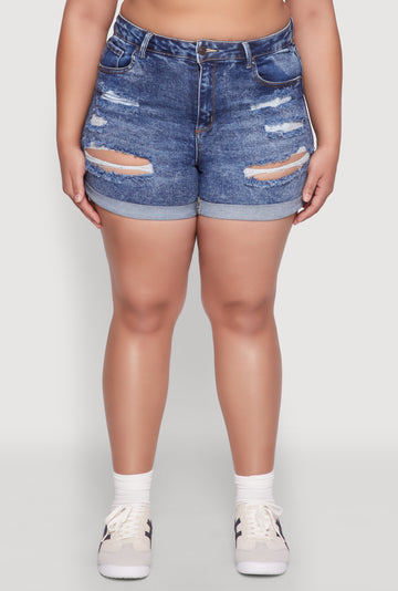 Plus Size WAX Distressed Denim Cuffed Shorts