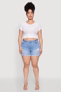 Plus Size WAX High Waisted Distressed Frayed Hem Denim Shorts