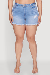 Plus Size WAX High Waisted Distressed Frayed Hem Denim Shorts