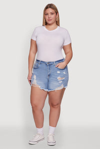 Plus Size WAX High Waisted Frayed Distressed Denim Shorts