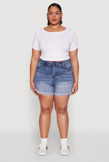 Plus Size WAX High Waisted Whiskered Denim Shorts