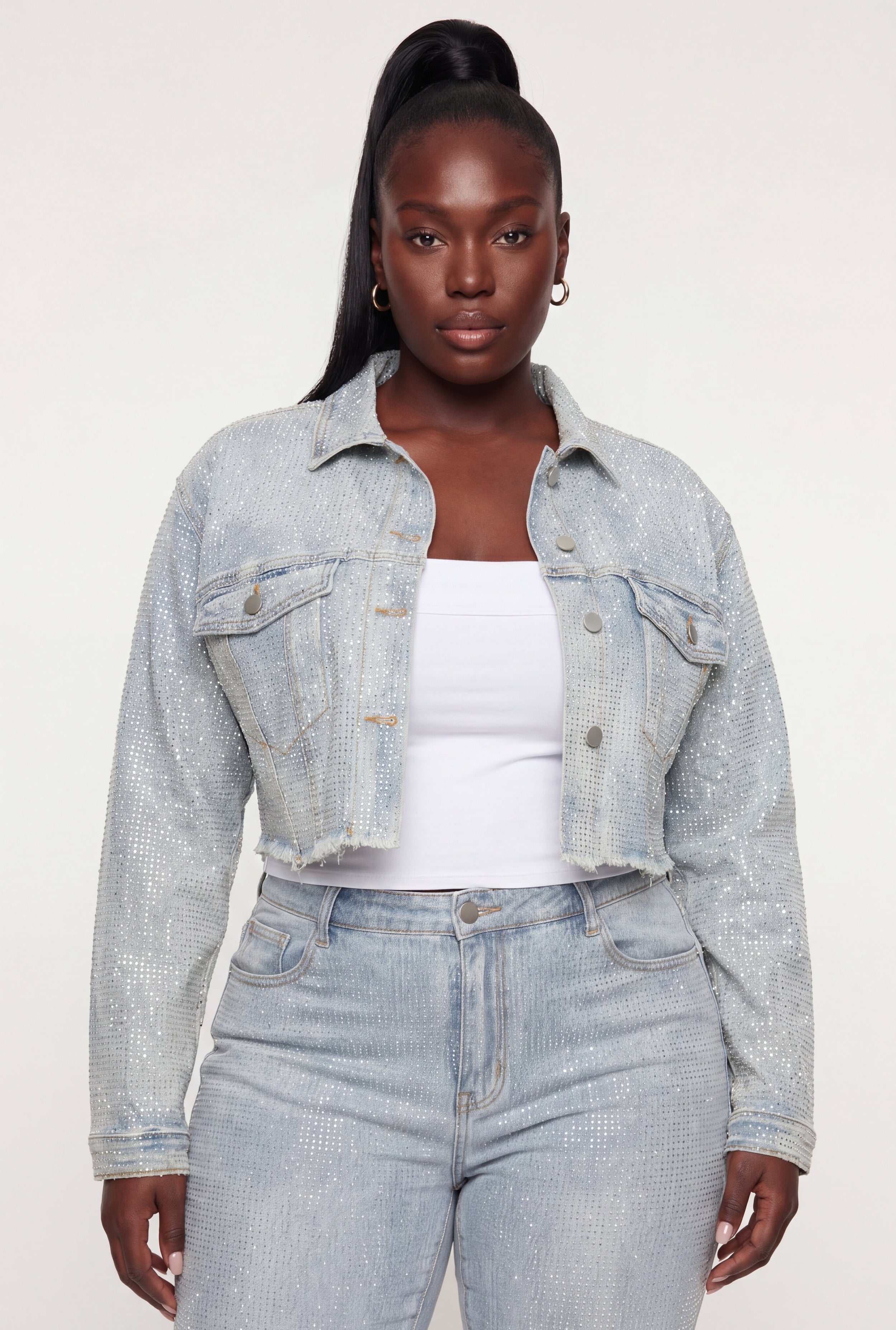 Plus Size Rhinestone Cropped Denim Jacket