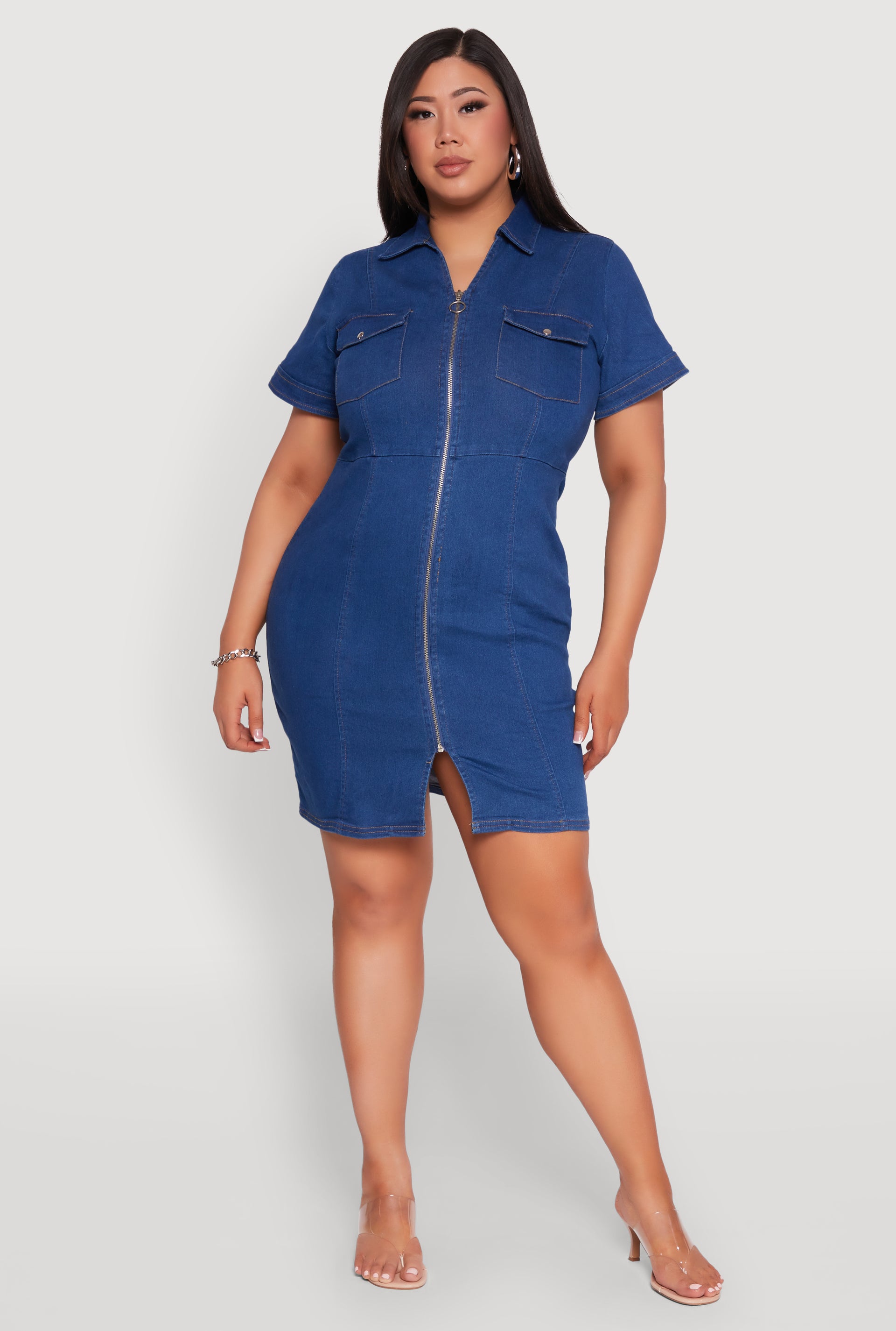 Plus Size Denim Pintuck Zip Front Shirt Dress 