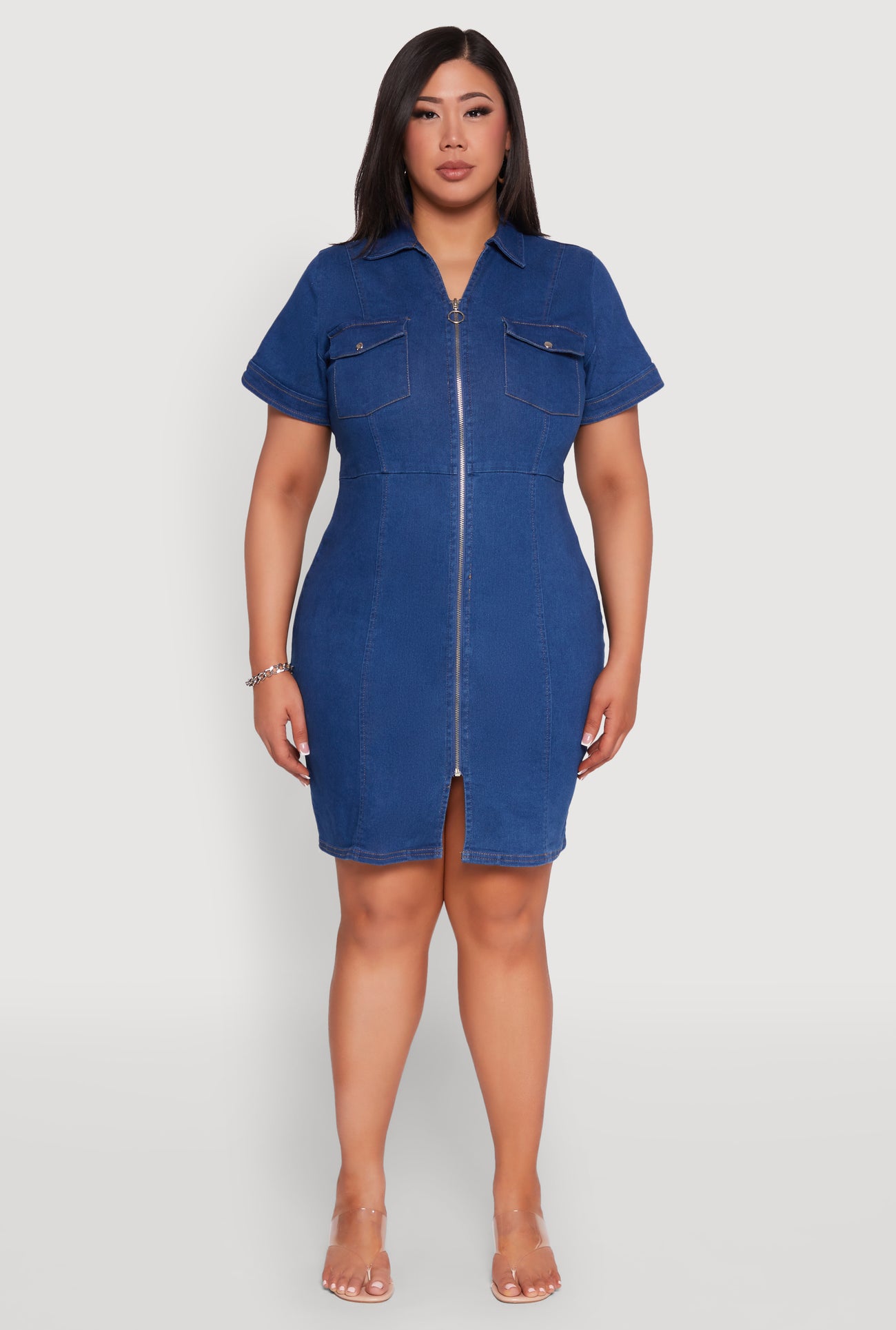 Plus Size Denim Pintuck Zip Front Shirt Dress Plus Size Denim Pintuck Zip Front Shirt Dress