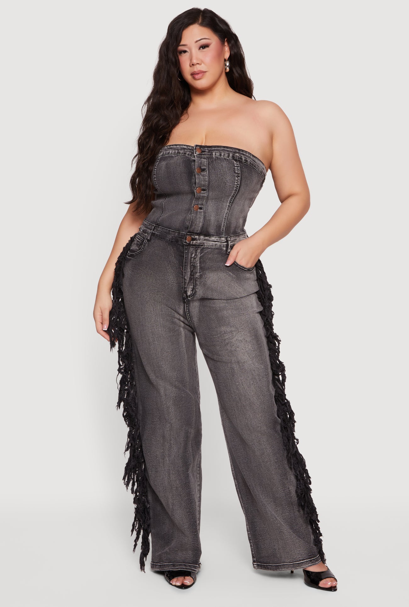 Plus Size Side Fringe Strapless Denim Jumpsuit