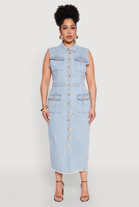 Plus Size Daisy Denim Sleeveless Utility Maxi Dress
