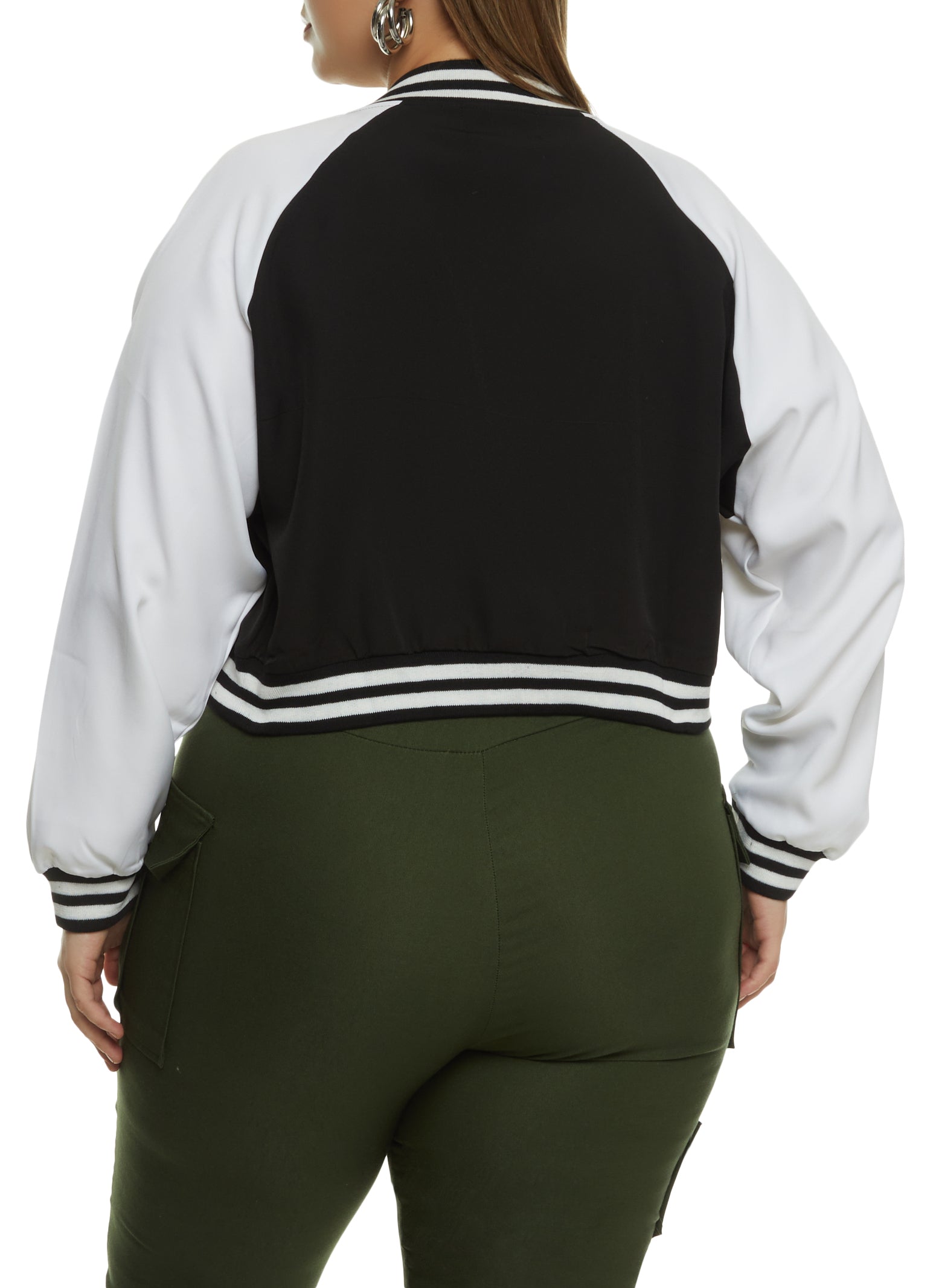 Plus Size Color Block Graphic Patch Cropped Varsity Jacket