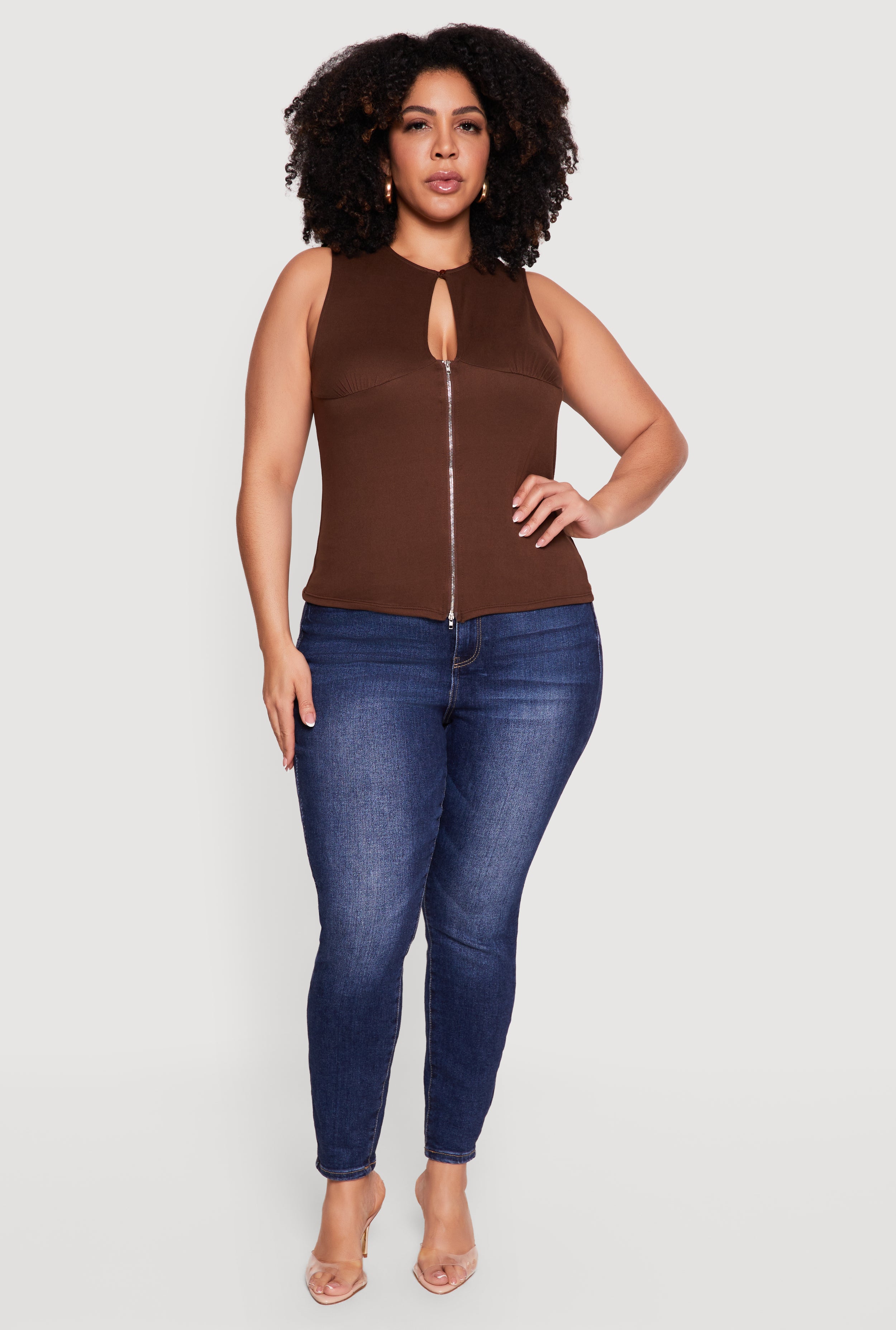 Plus Size Keyhole Detail Ruched Zip Front Top