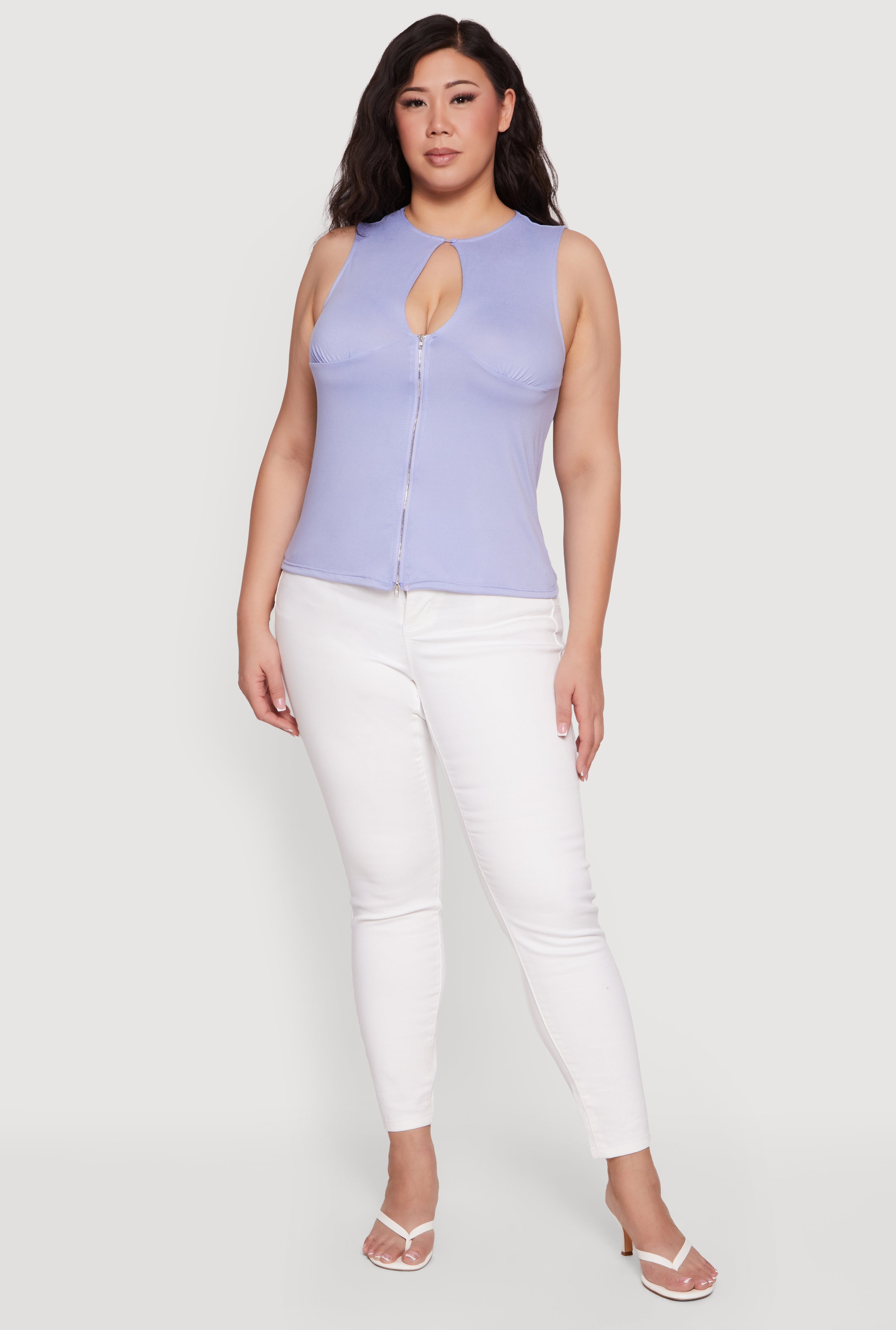 Plus Size Keyhole Detail Ruched Zip Front Top