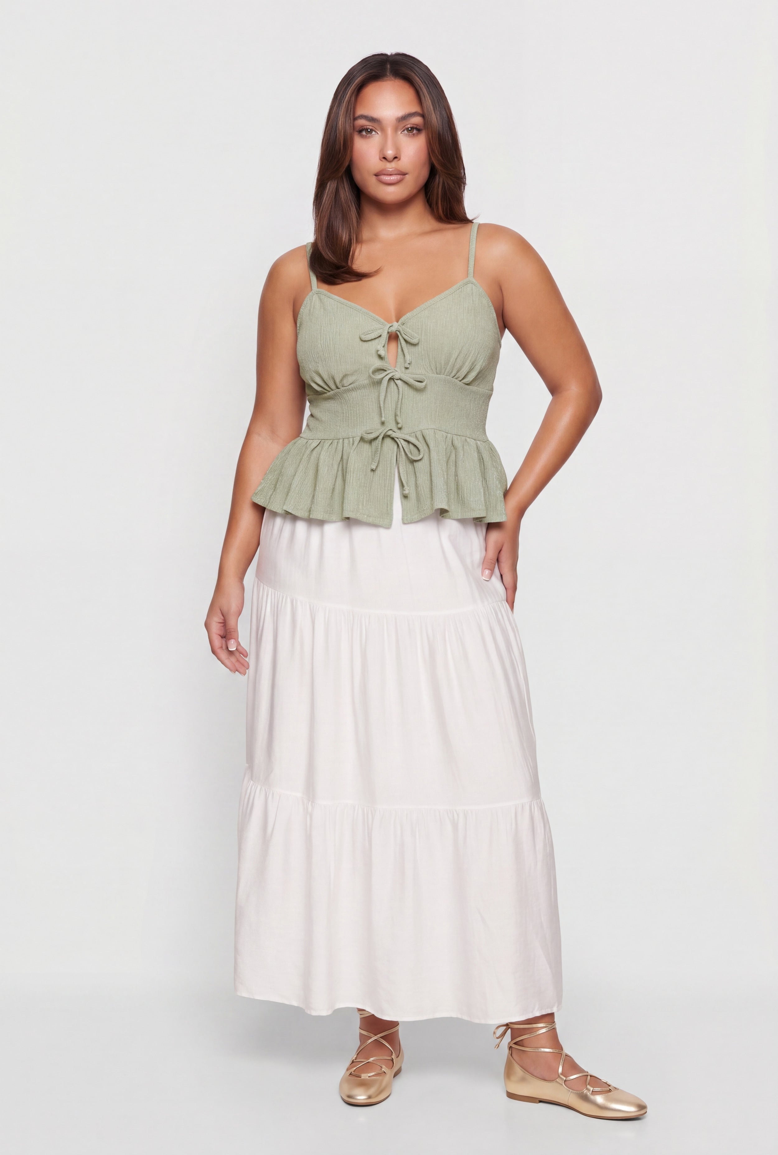 Plus Size Tie Front Keyhole Detail Peplum Top