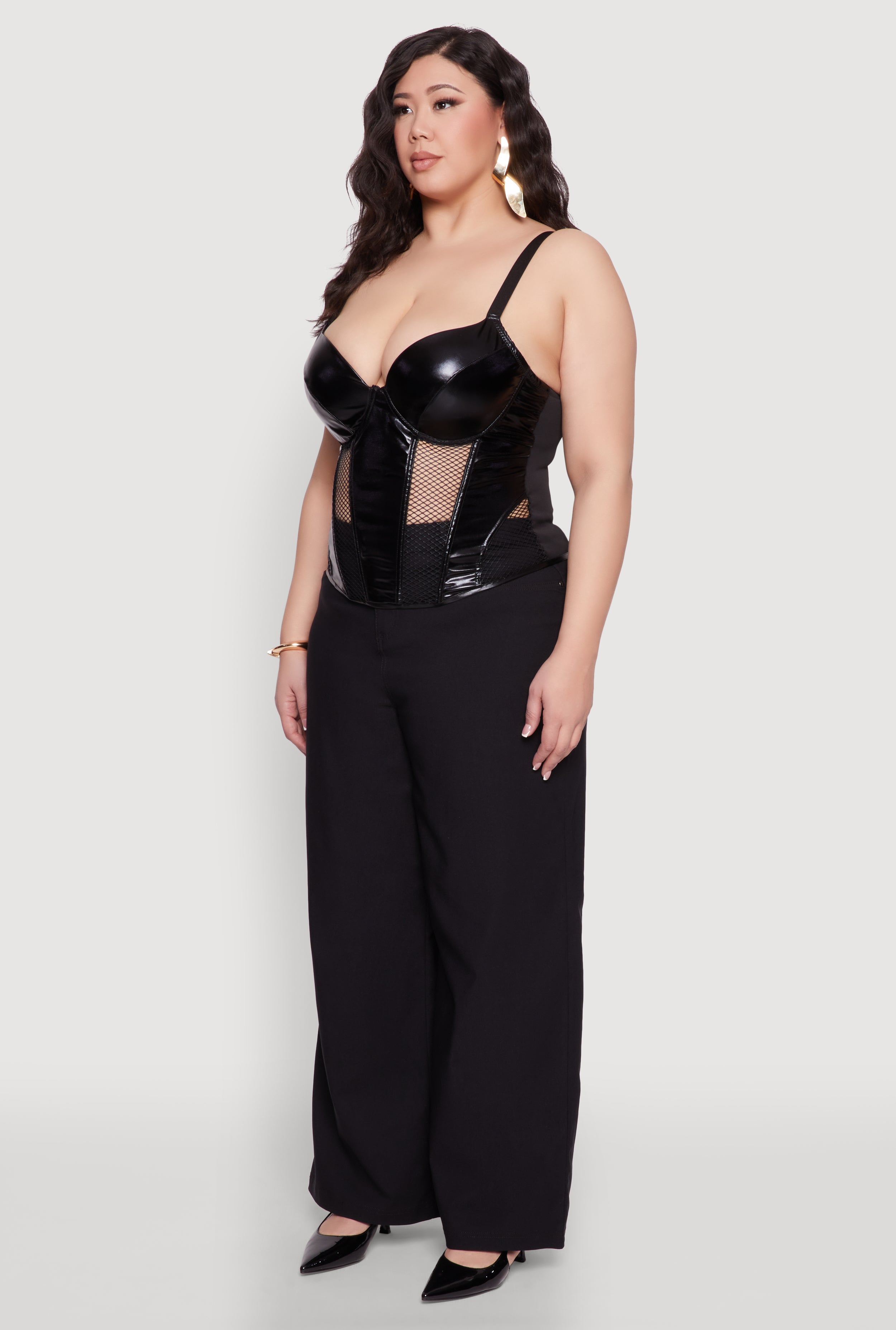 Plus Size Fishnet Cutout Faux Leather Look Bustier Top