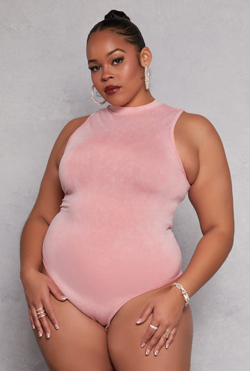 Plus Size Acid Wash Mock Neck Bodysuit