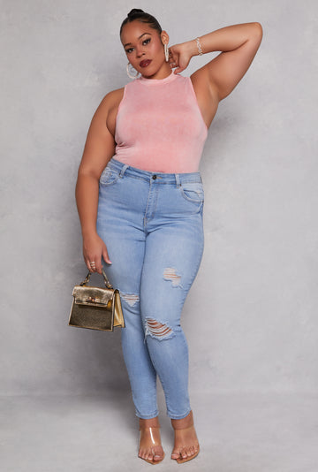 Plus Size Acid Wash Mock Neck Bodysuit