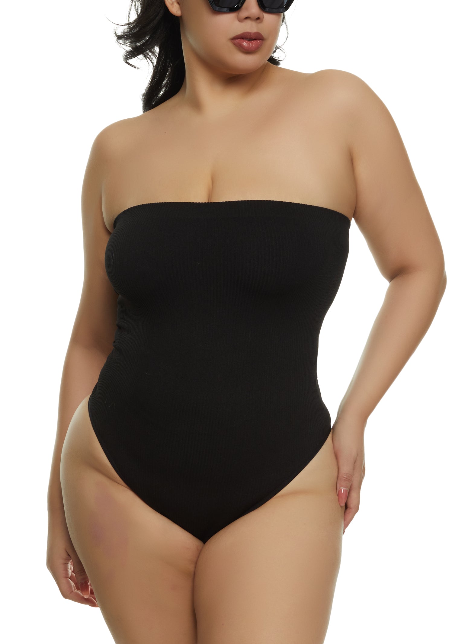 Plus Size Seamless Ribbed Strapless Bodysuit - Black