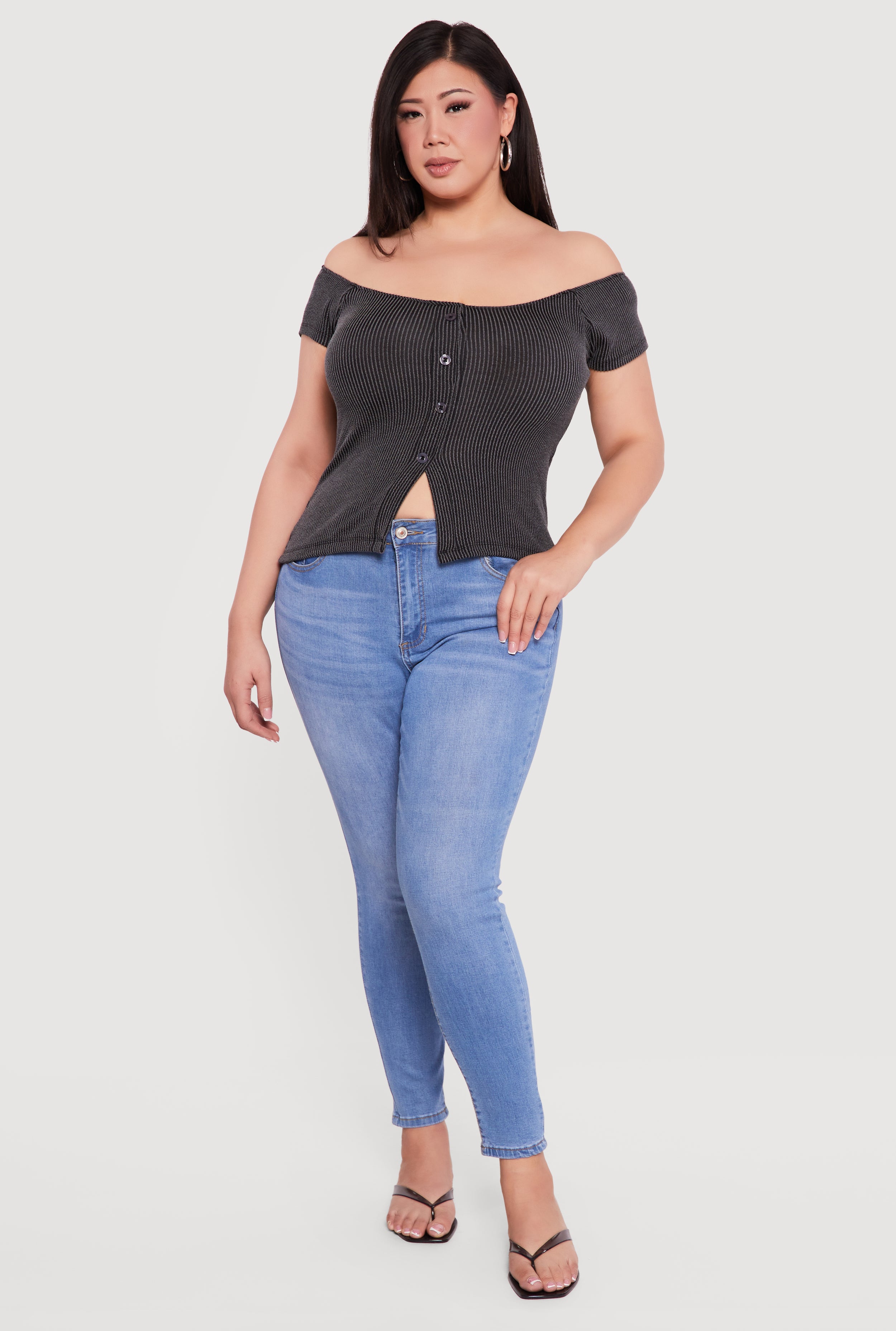 トップス MULTI SHOULDER PARTS RIB TOPS Eaphi Plus Size Rib Knit Off The Shoulder Slit Front Top
