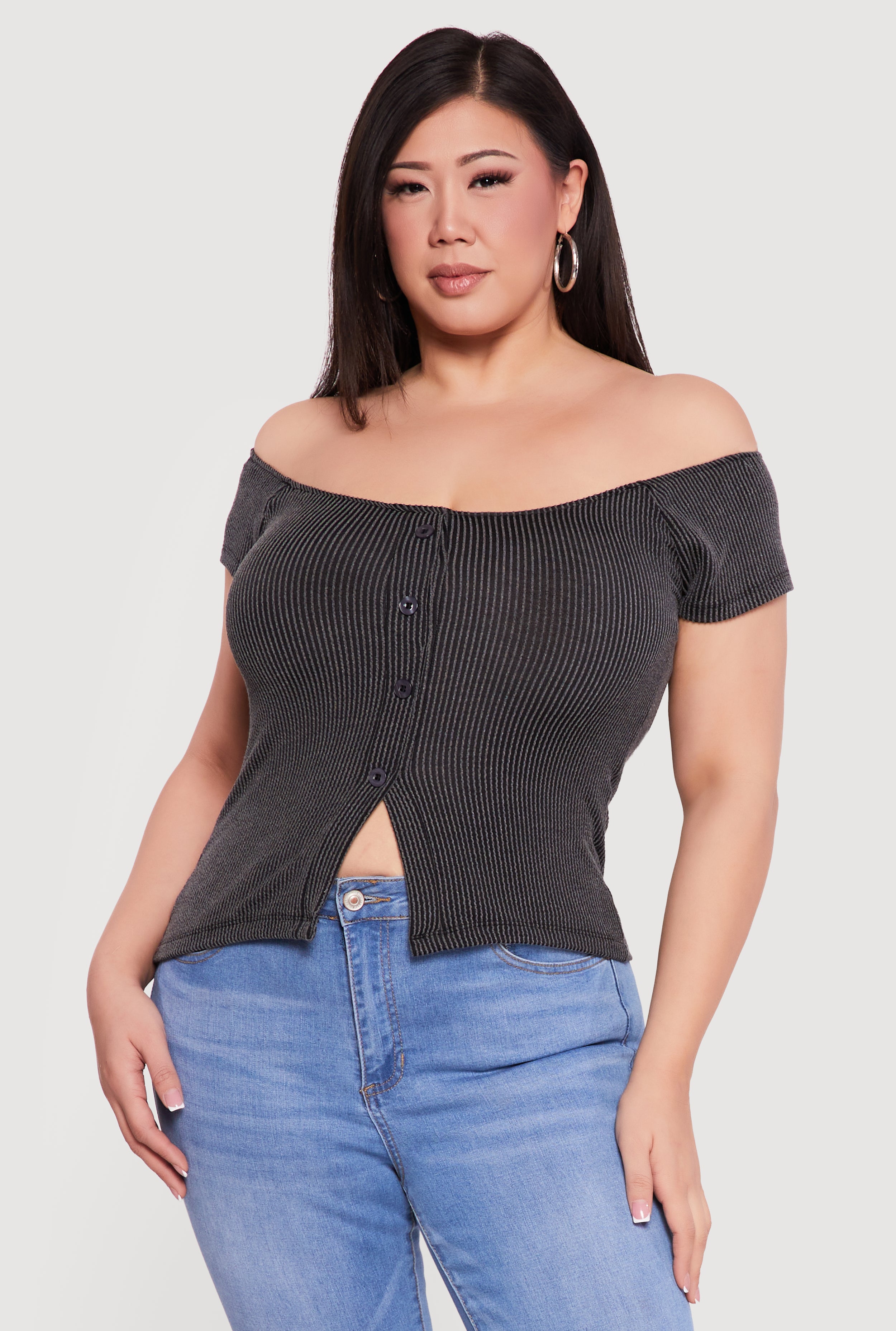 Plus Size Rib Knit Off The Shoulder Slit Front Top