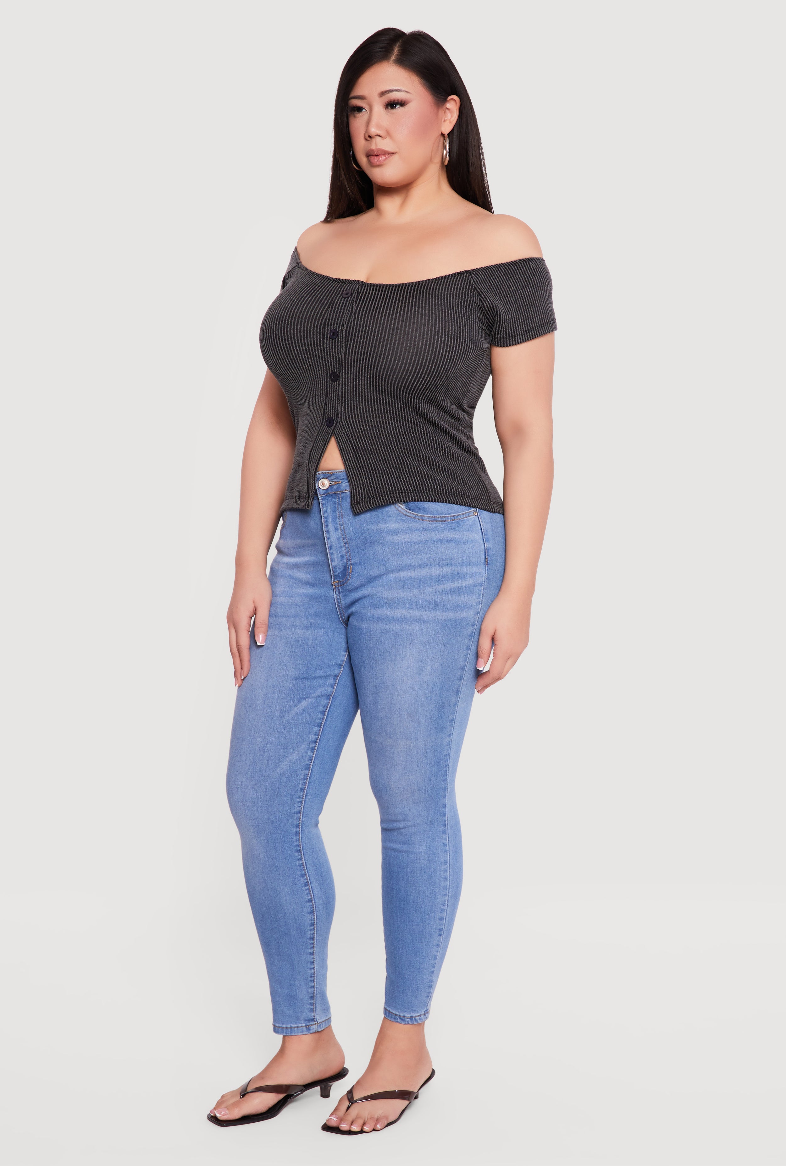 【新品】Eaphi MULTI SHOULDER PARTS RIB TOPS Plus Size Rib Knit Off The Shoulder Slit Front Top
