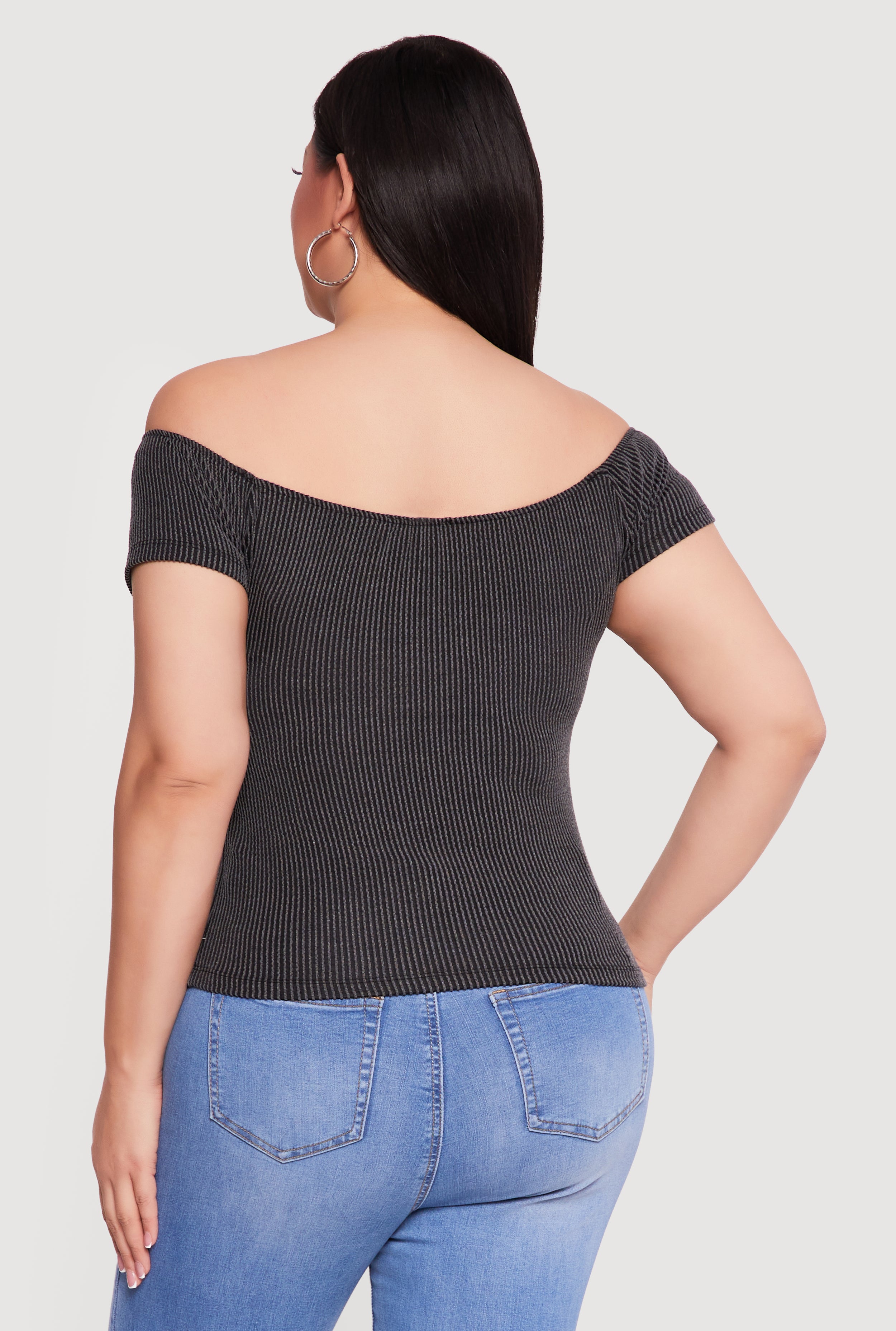 Plus Size Rib Knit Off The Shoulder Slit Front Top