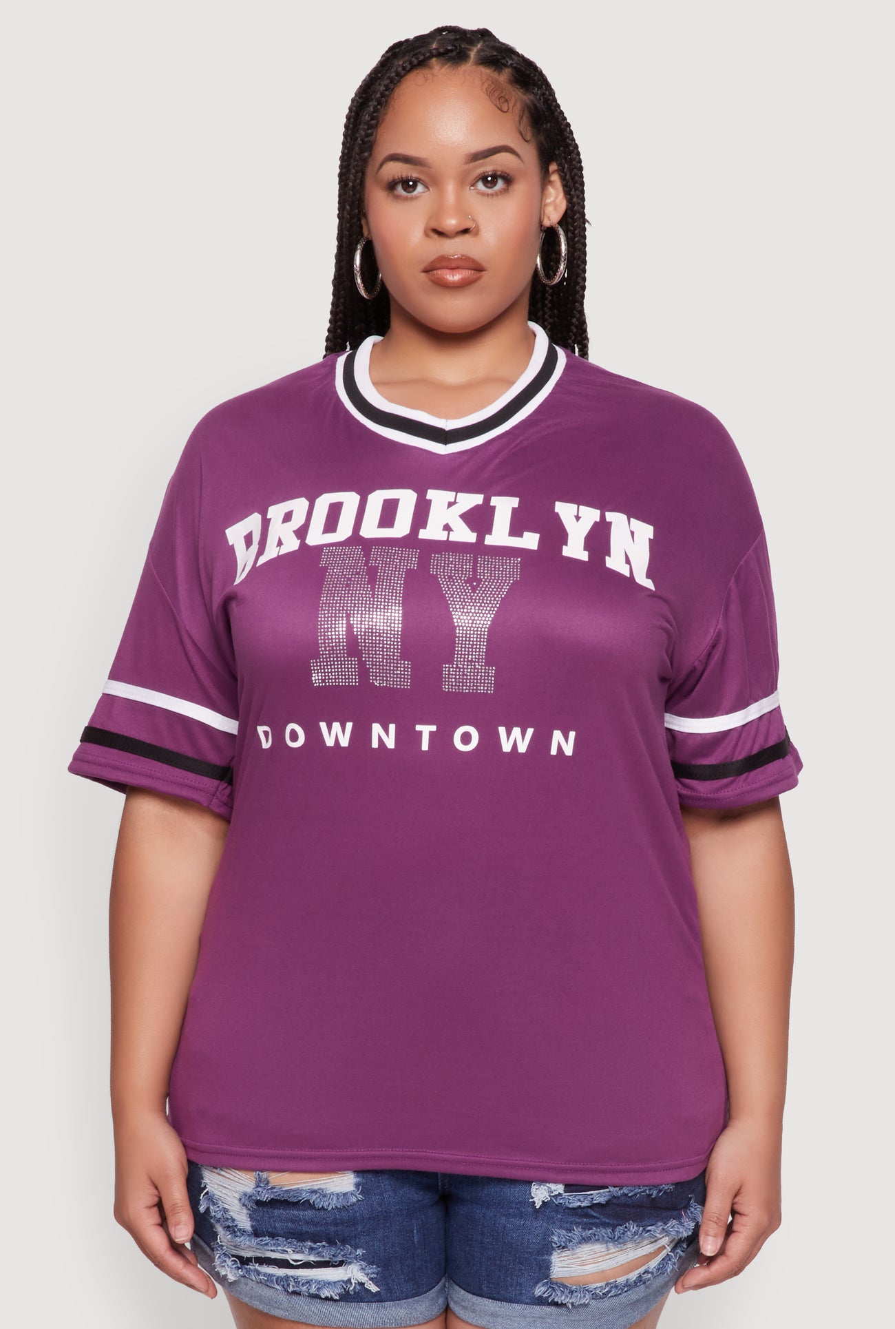 Plus Size Brooklyn NY Downtown Rhinestone Varsity Stripe V Neck T Shirt