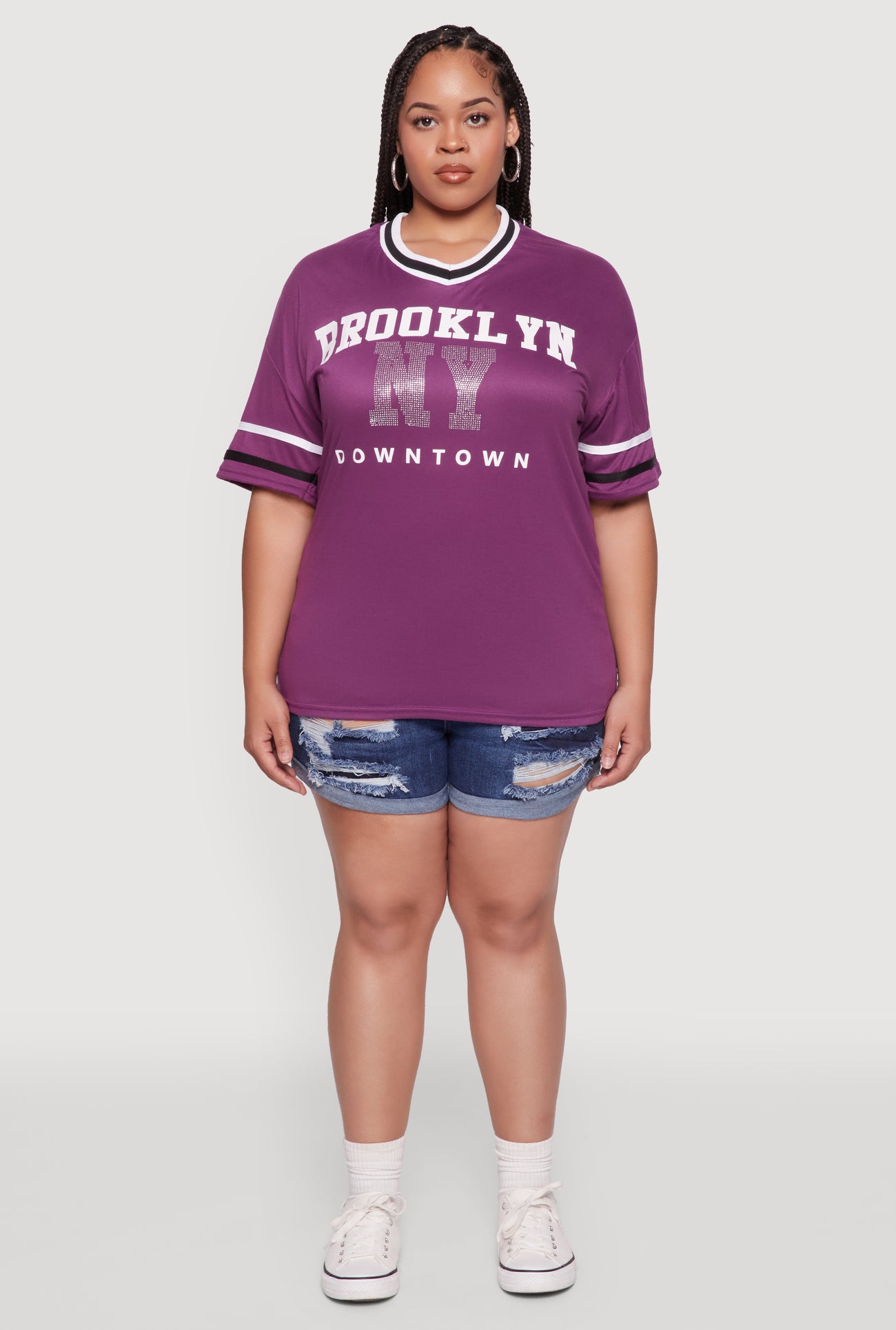 Plus Size Brooklyn NY Downtown Rhinestone Varsity Stripe V Neck T Shirt