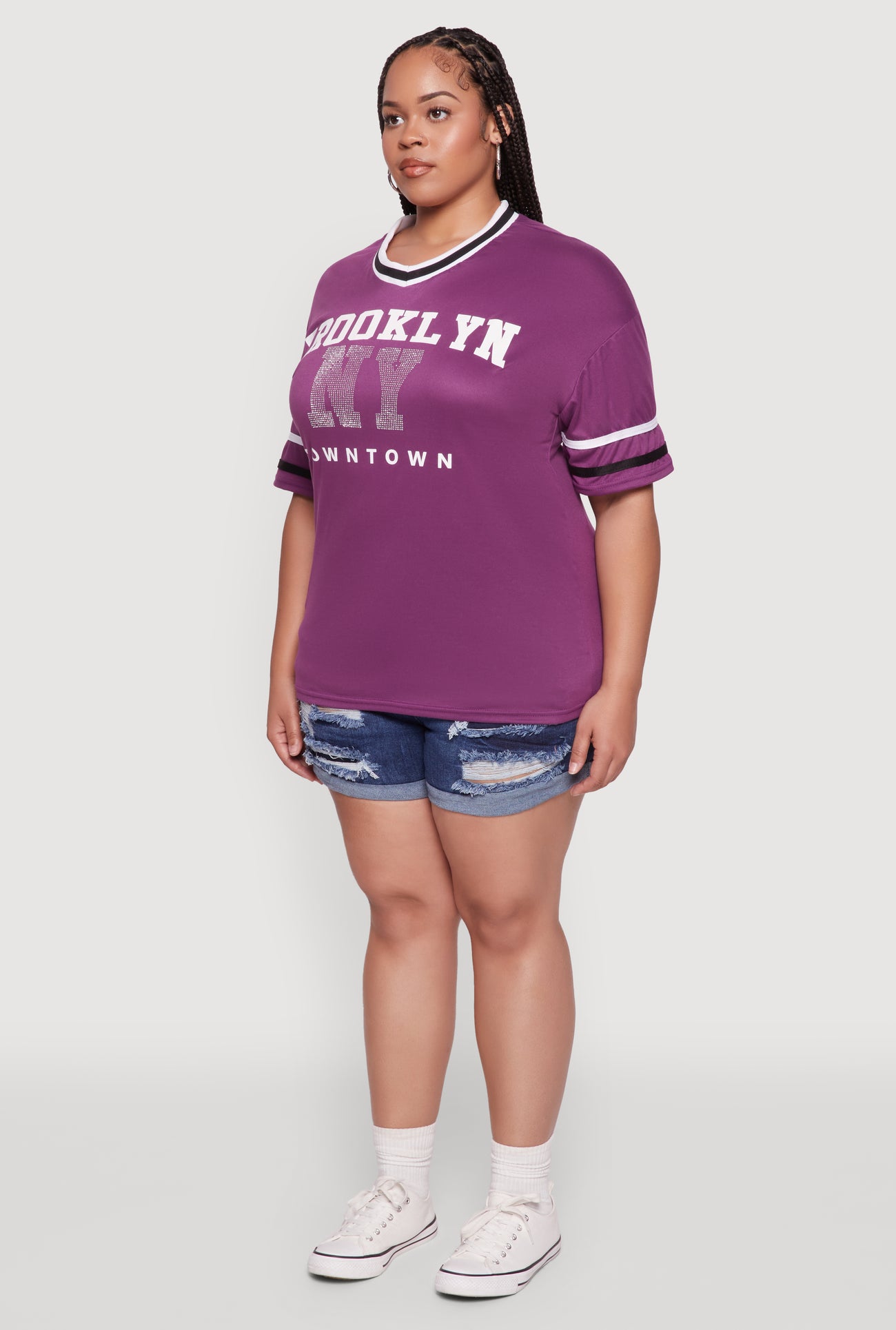 Plus Size Brooklyn NY Downtown Rhinestone Varsity Stripe V Neck T Shirt