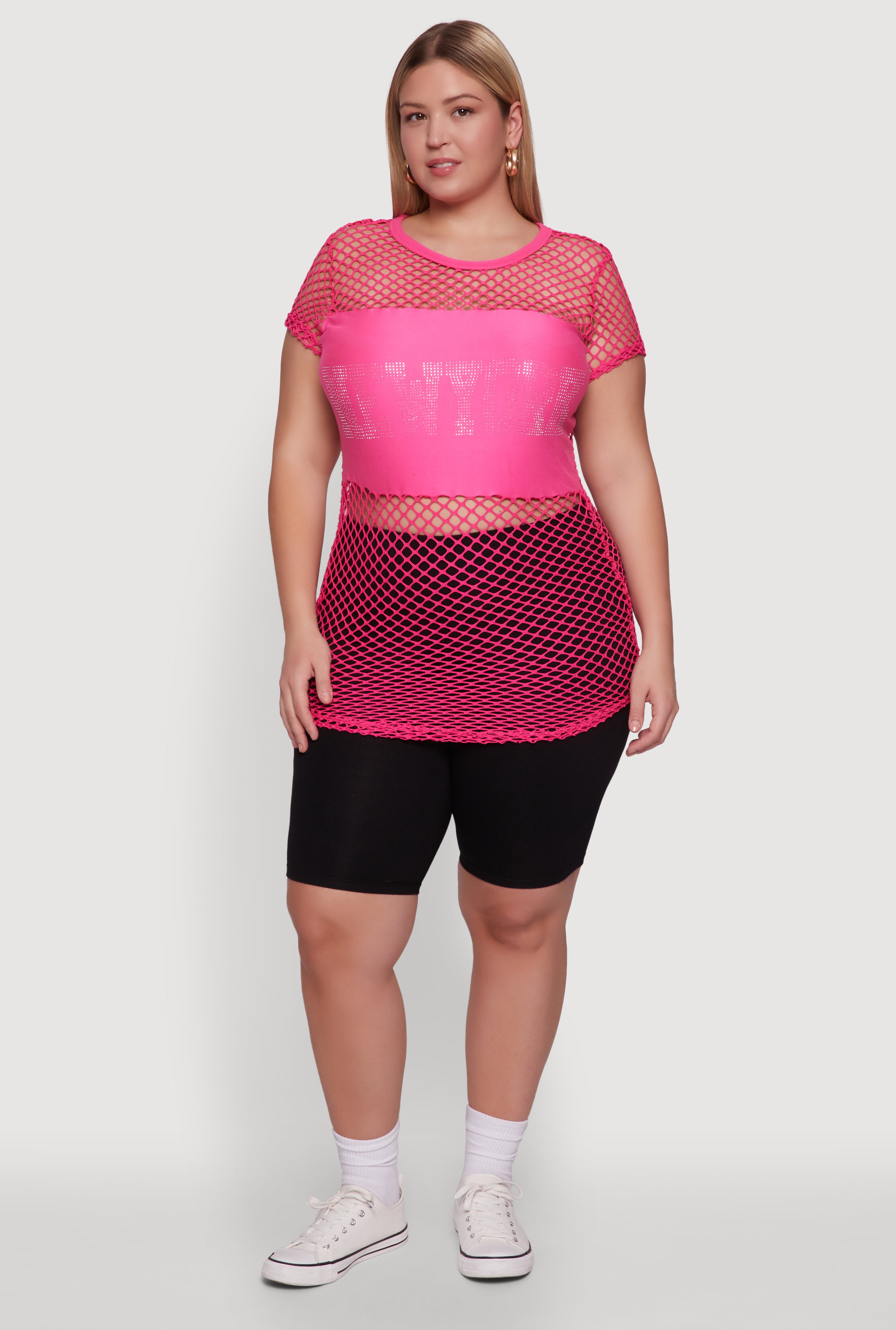 Plus Size New York Rhinestones Fishnet Tunic Top
