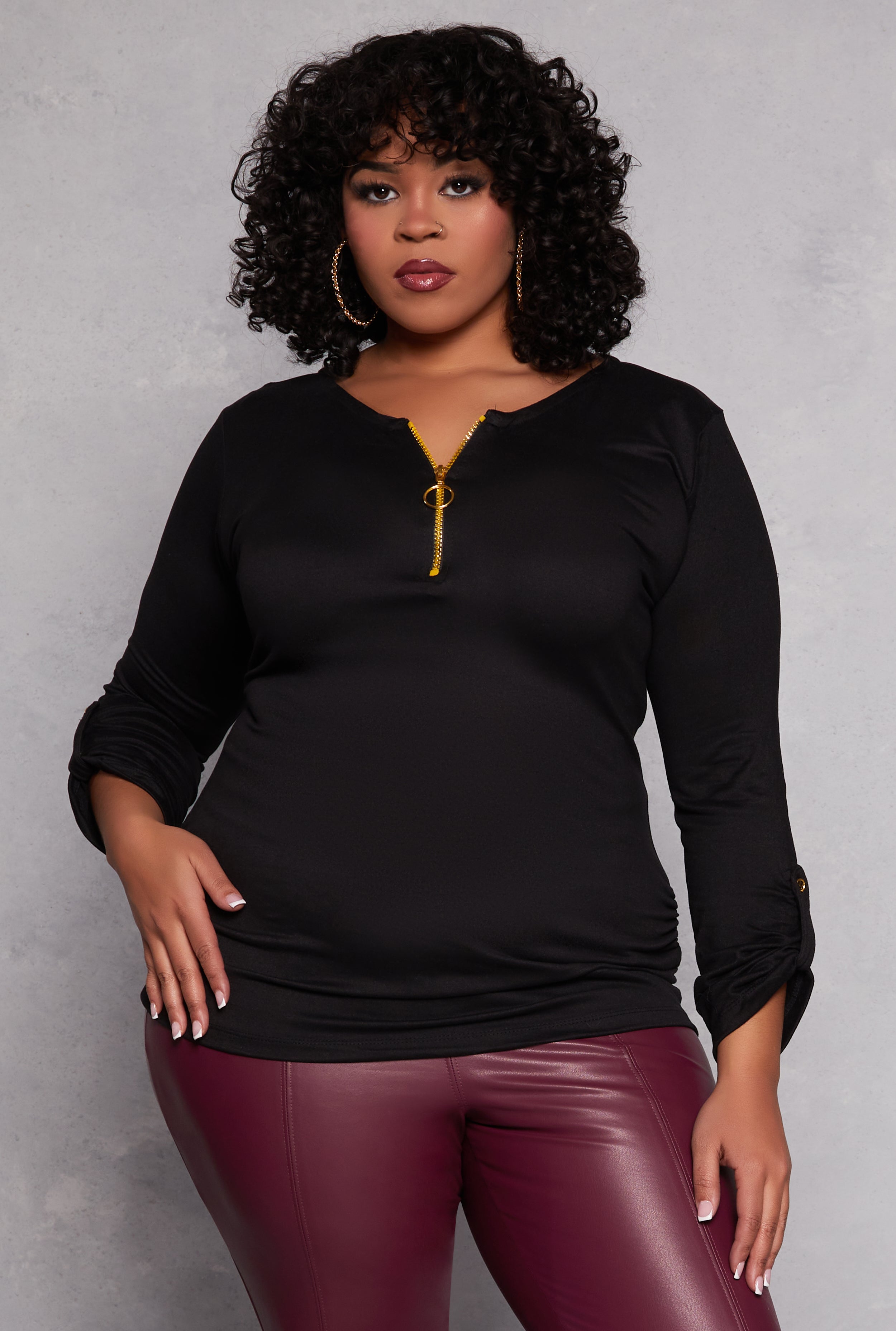 Plus Size Half Zip Ruched Long Sleeve Top black Rainbow Shops