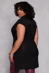 Plus Size Cap Sleeve Tie Front High Low Shirt