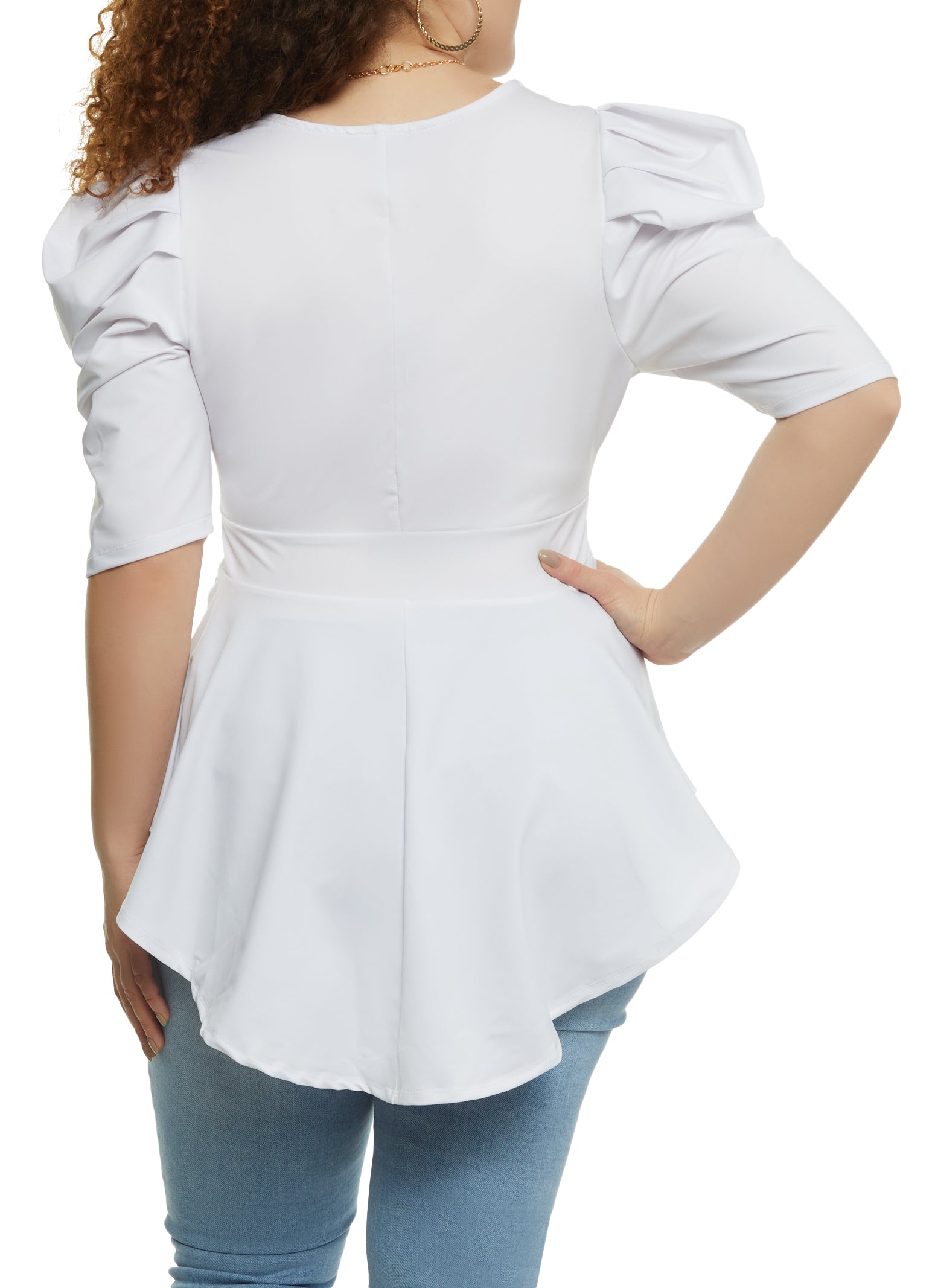 Plus Size Puff Sleeve Peplum Top with Necklace