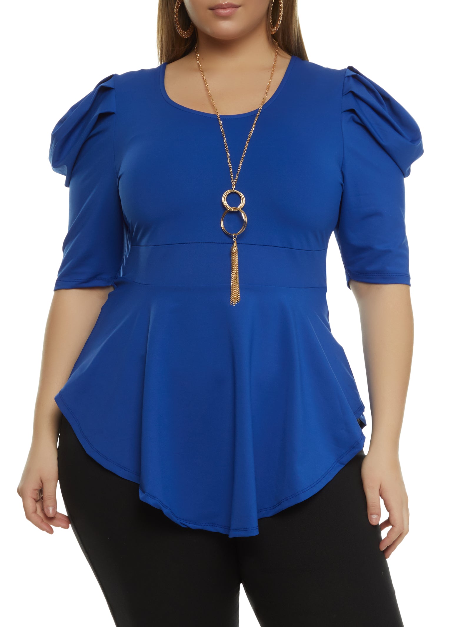 Plus Size Puff Sleeve Peplum Top with Necklace - Royal Blue