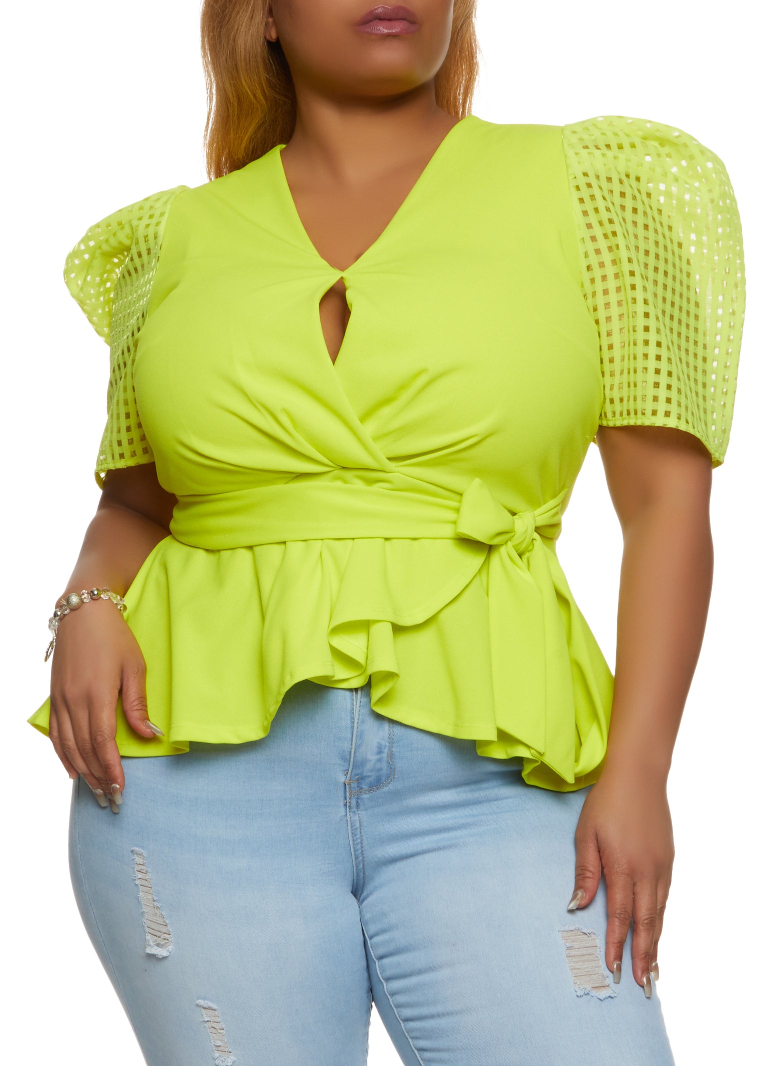 Plus Size Puff Sleeve Tie Waist Peplum Top