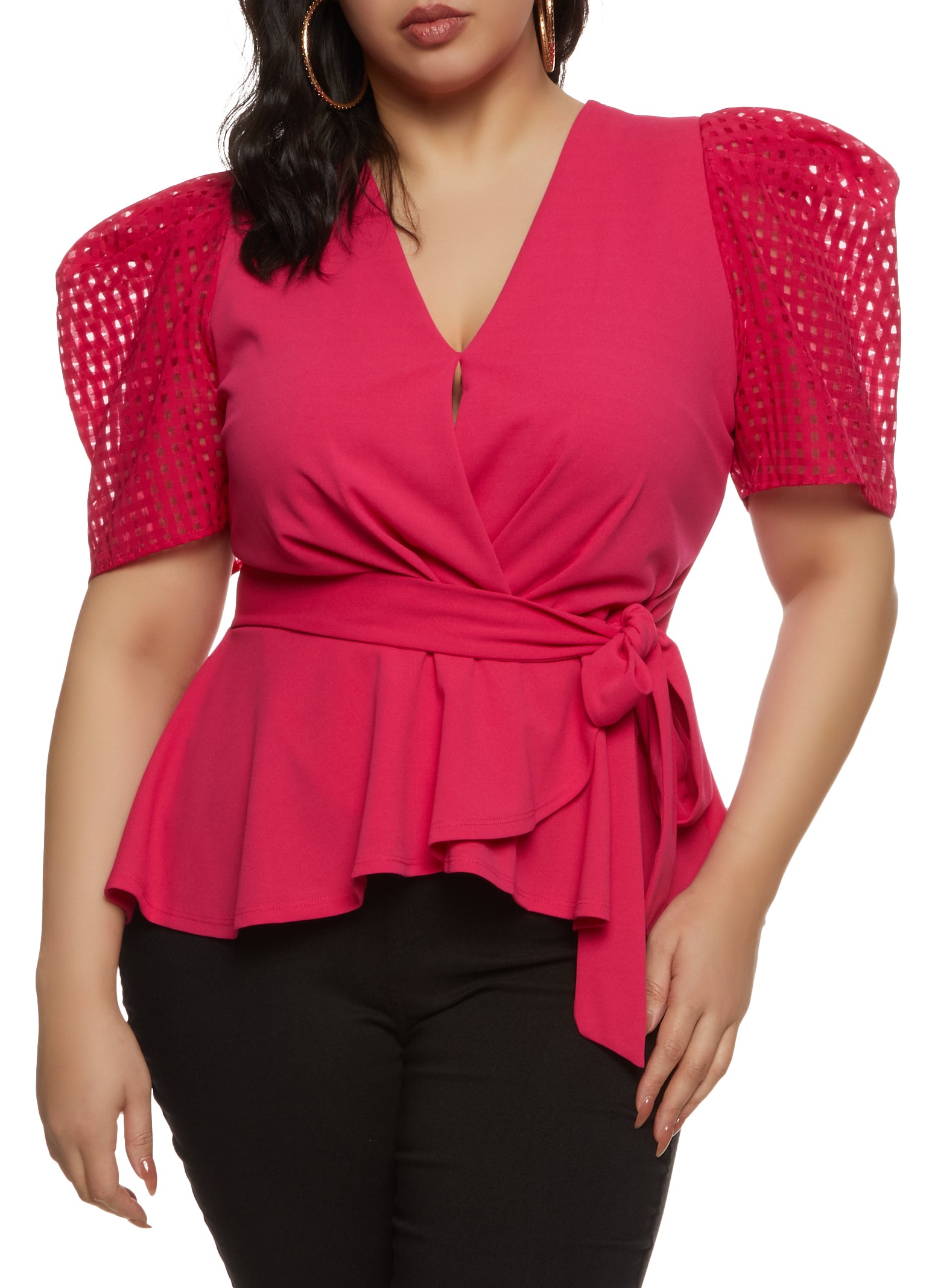 Plus Size Puff Sleeve Tie Waist Peplum Top