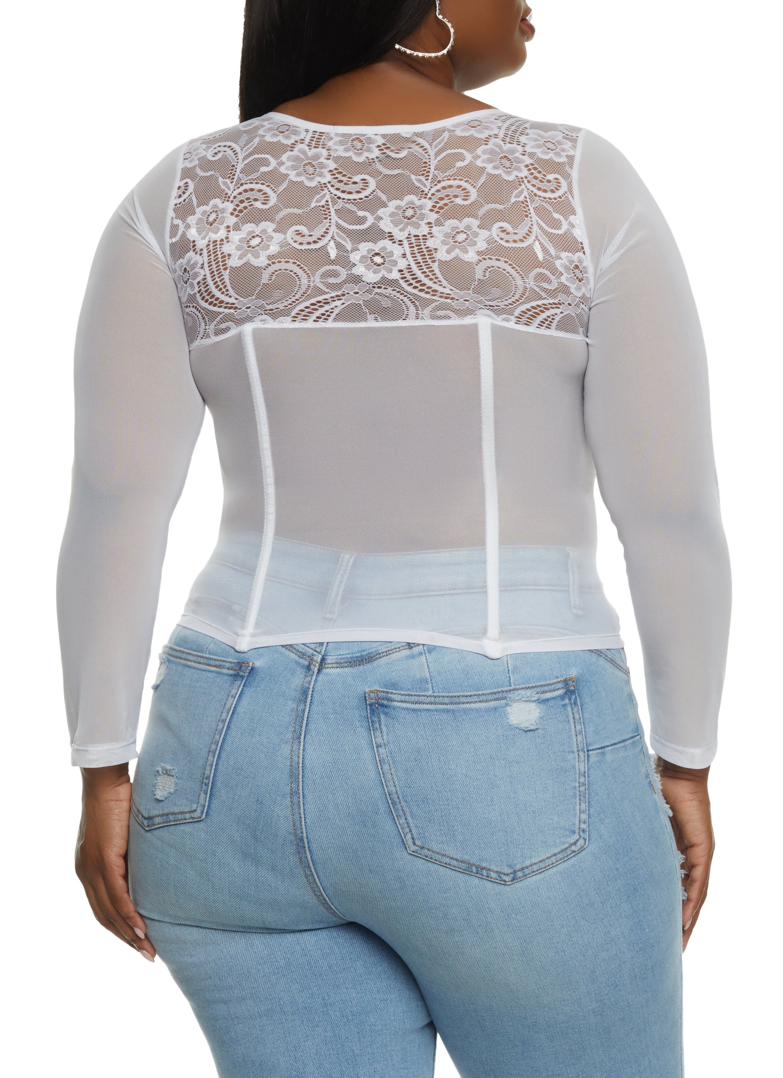 Plus Size Floral Lace Long Sleeve Corset Top