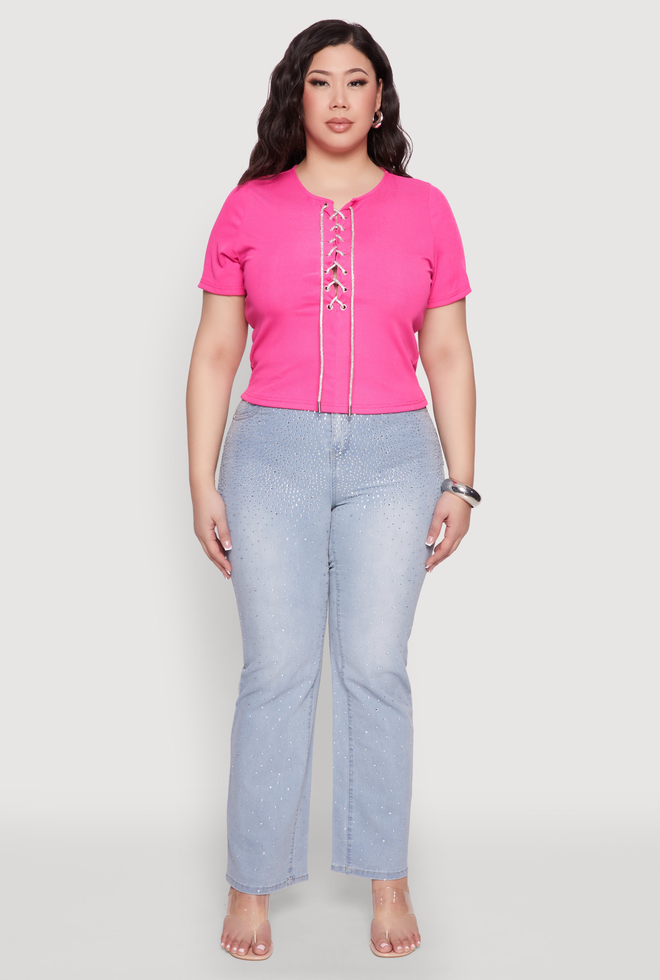 Plus Size Rhinestone Lace Up Short Sleeve Top