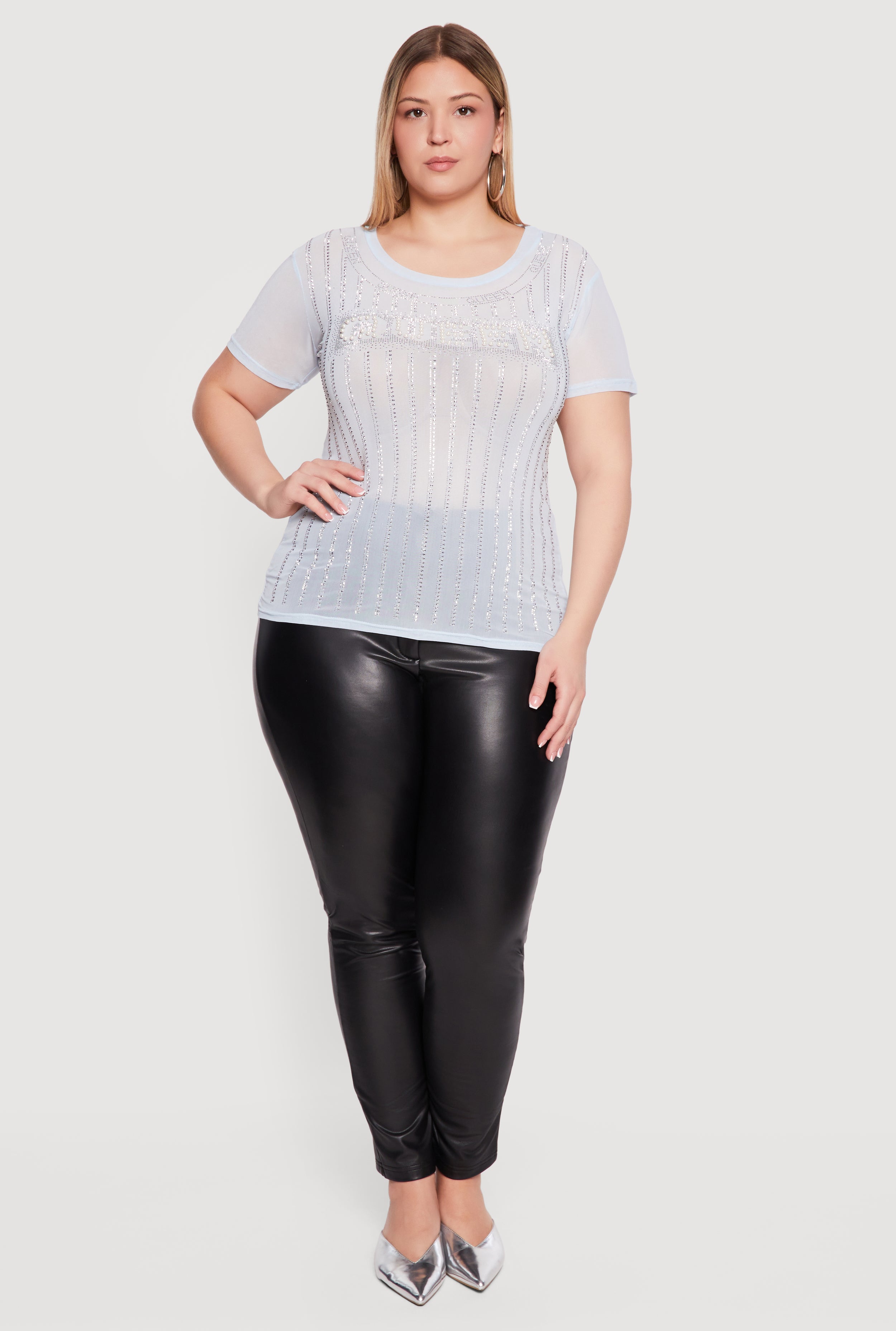 Plus Size Queen Faux Pearl Rhinestone Mesh Top