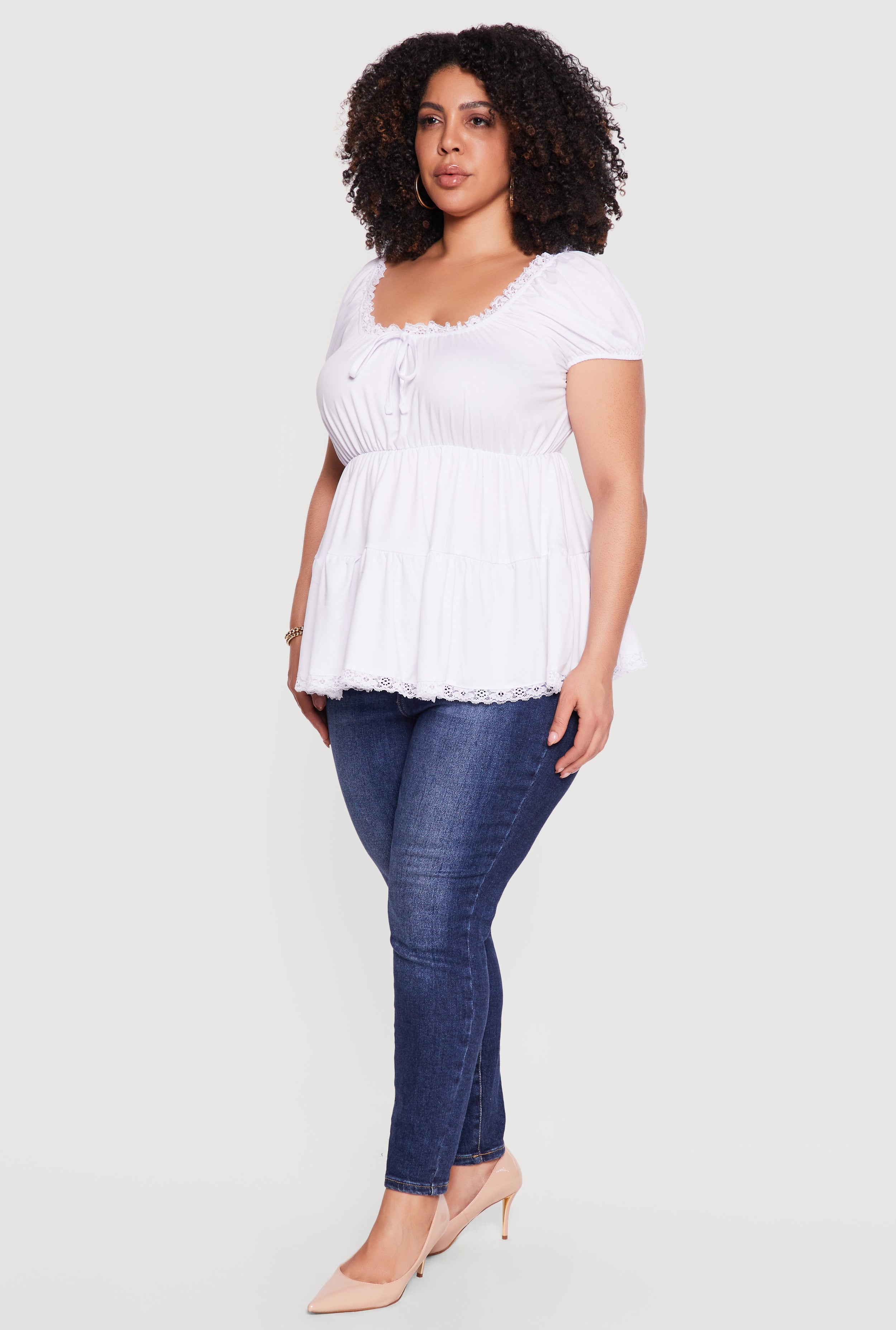 Plus Size Tie Front Short Sleeve Tiered Babydoll Top