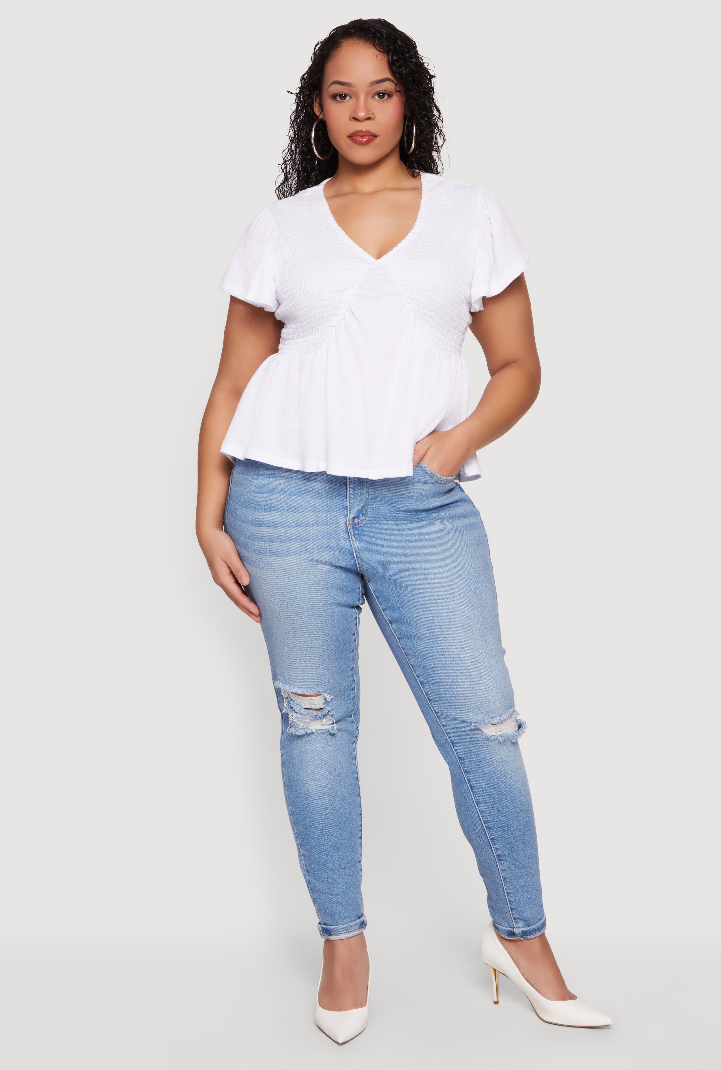 Plus Size Flutter Sleeve Smocked Babydoll Top