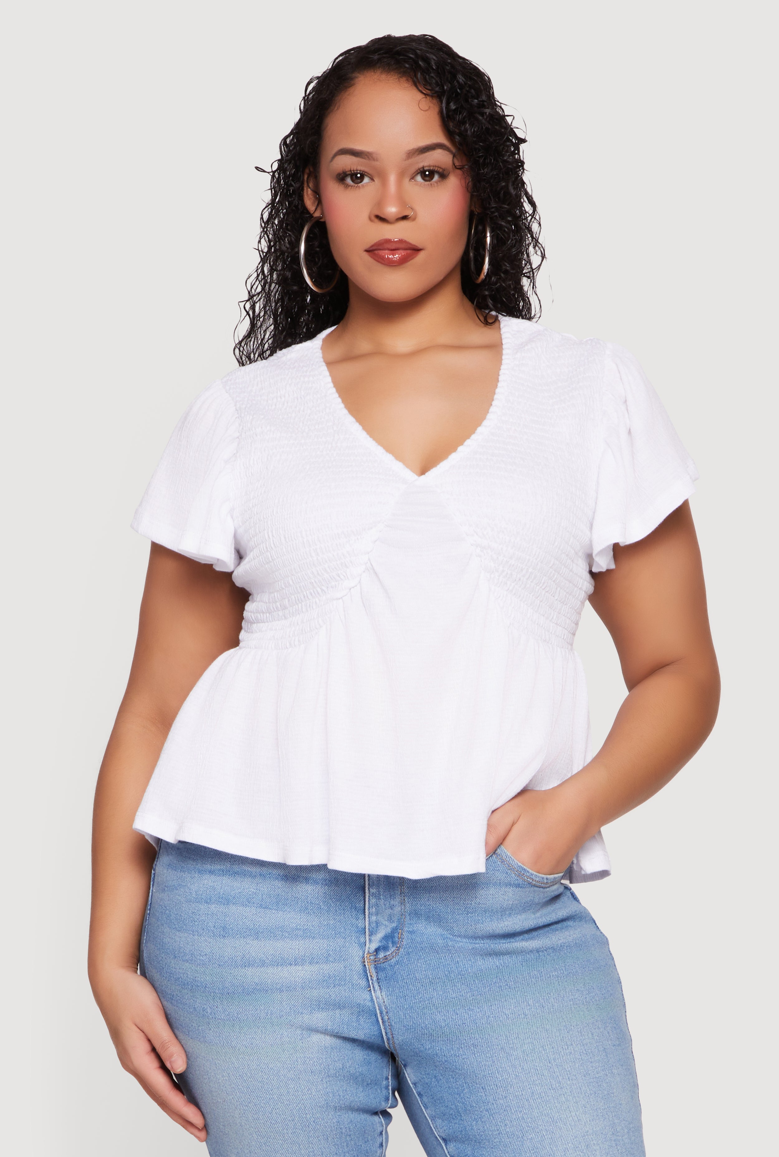 Plus Size Flutter Sleeve Smocked Babydoll Top