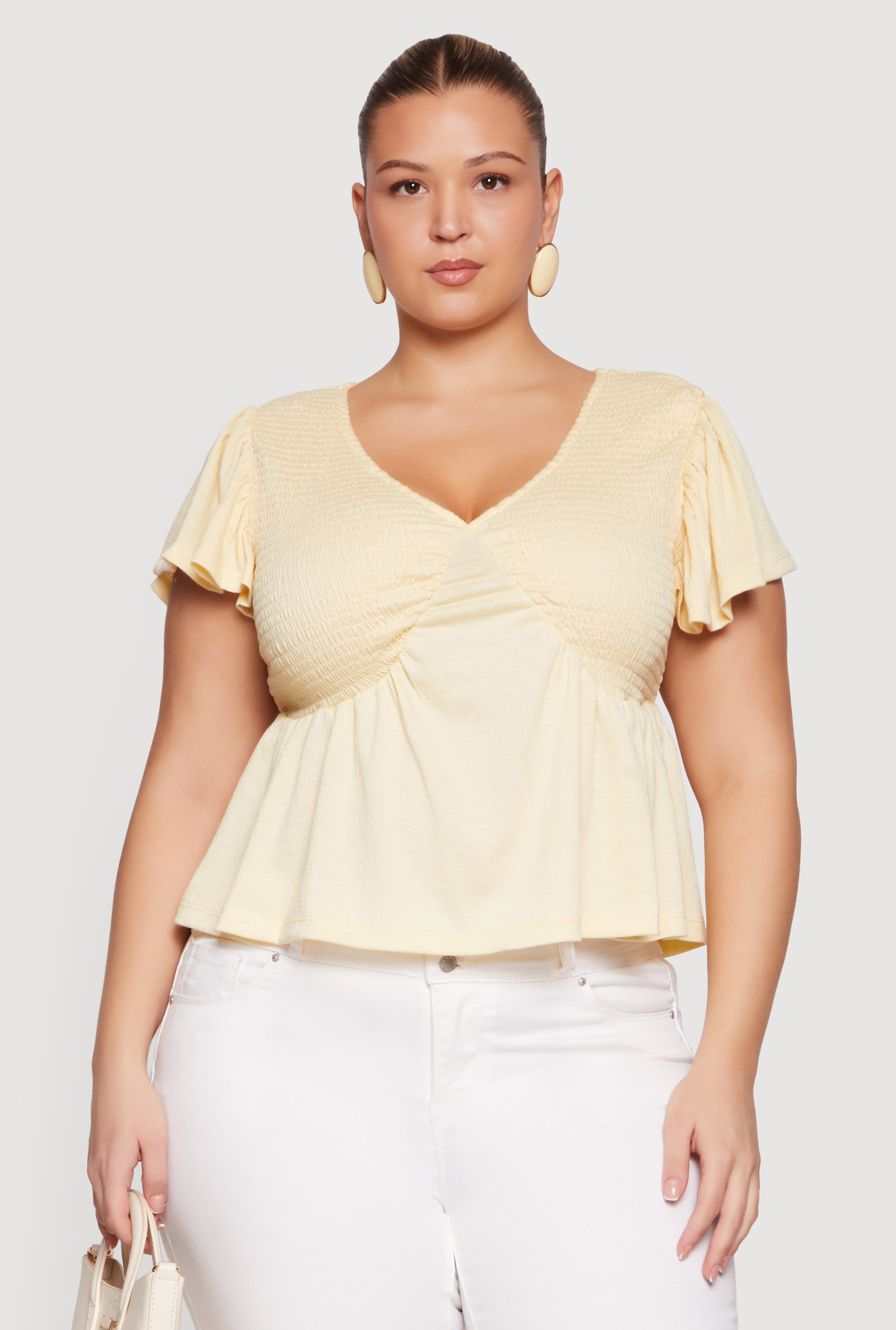 Plus Size Flutter Sleeve Smocked Babydoll Top