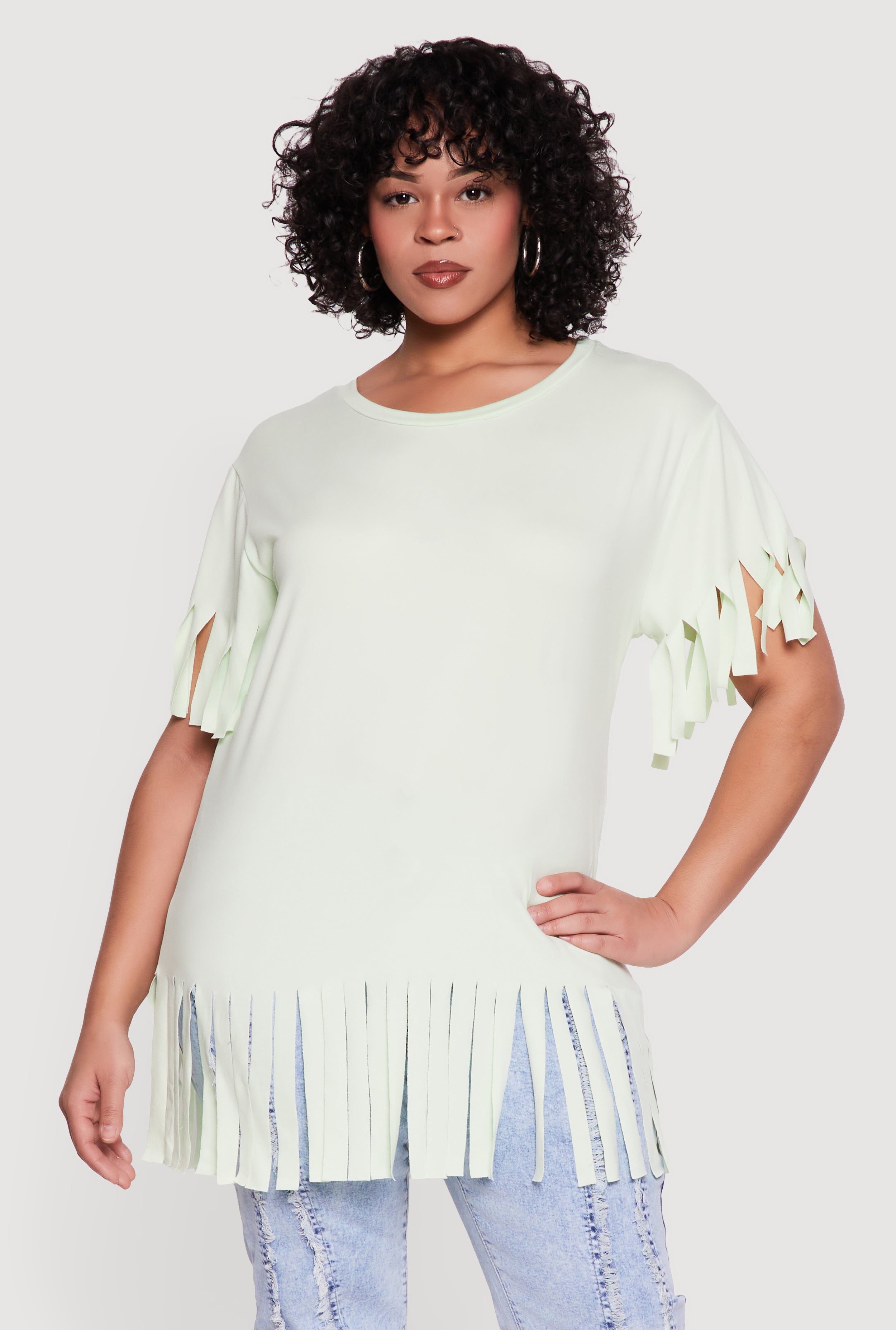 Plus Size Short Sleeve Fringe Hem Tee
